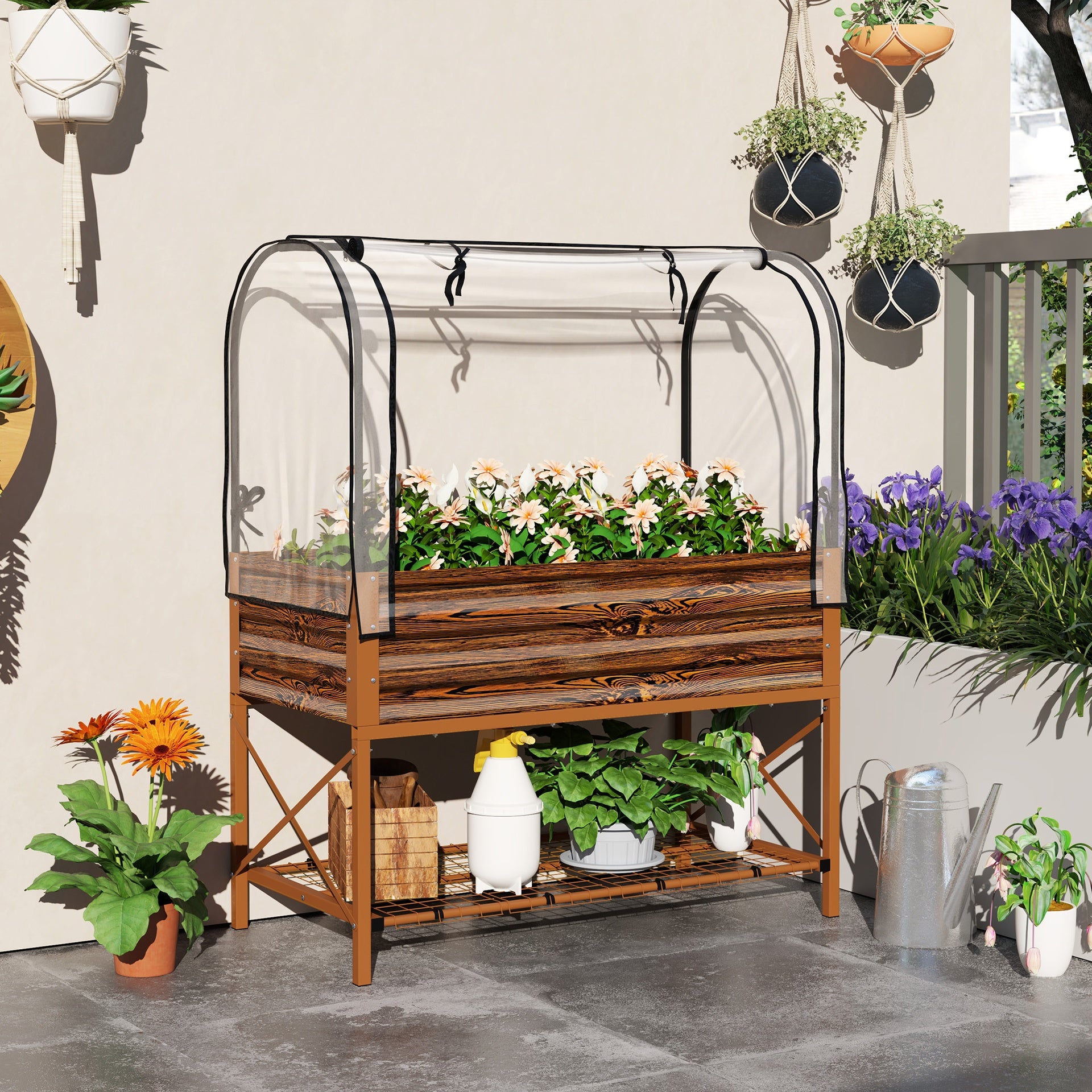 Outsunny Raised Garden Bed with Legs and Cover, Metal Elevated Planter Box with Bottom Shelf and Liner for Vegetables, Brown