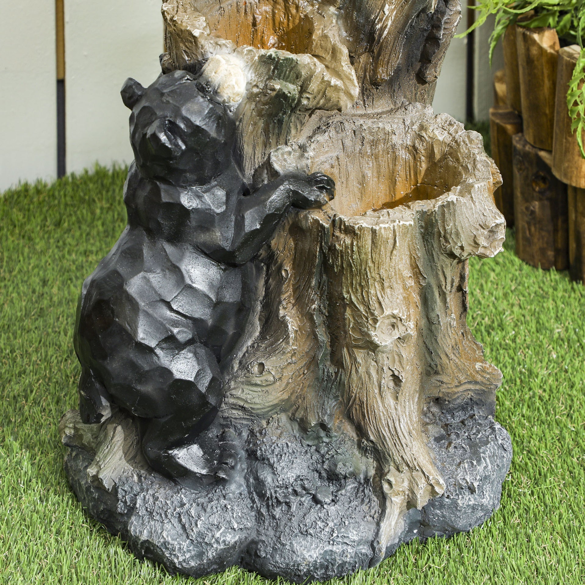Outsunny 22.4" Outdoor Fountain, 3-Tier Resin Resin Bears and Honey Beehive Outdoor Waterfall Fountain with LED Lights, Pump