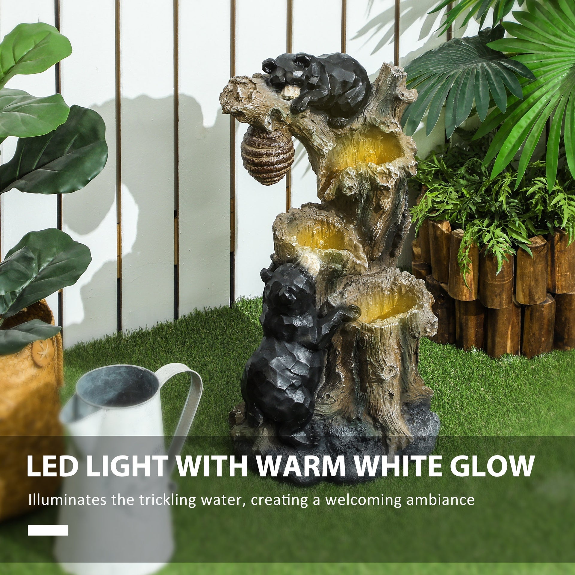 Outsunny 22.4" Outdoor Fountain, 3-Tier Resin Resin Bears and Honey Beehive Outdoor Waterfall Fountain with LED Lights, Pump