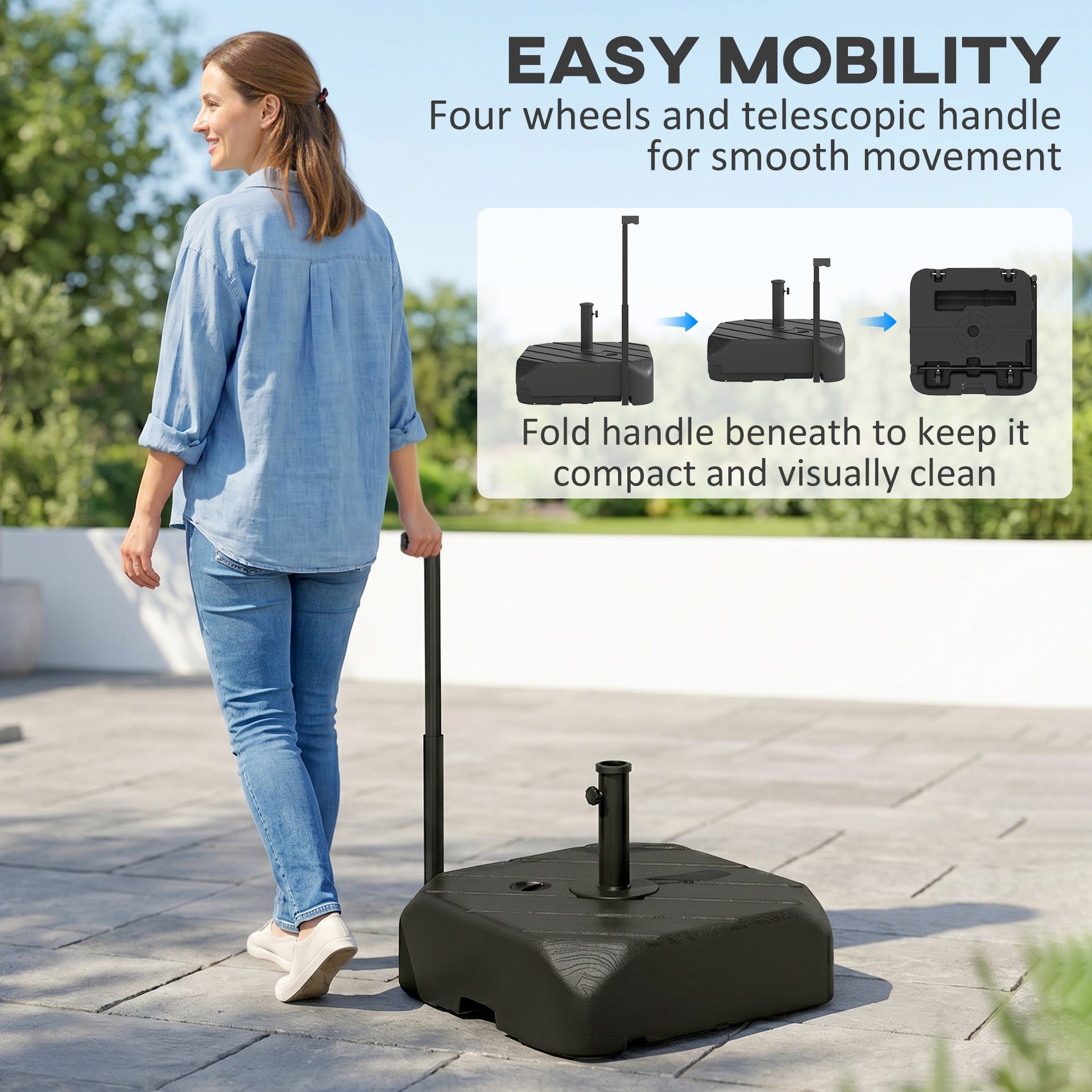 Outsunny Patio Umbrella Base with Wheels, Telescopic Handle, 158 lb Sand or 99 lb Water Filled Umbrella Stand, Black