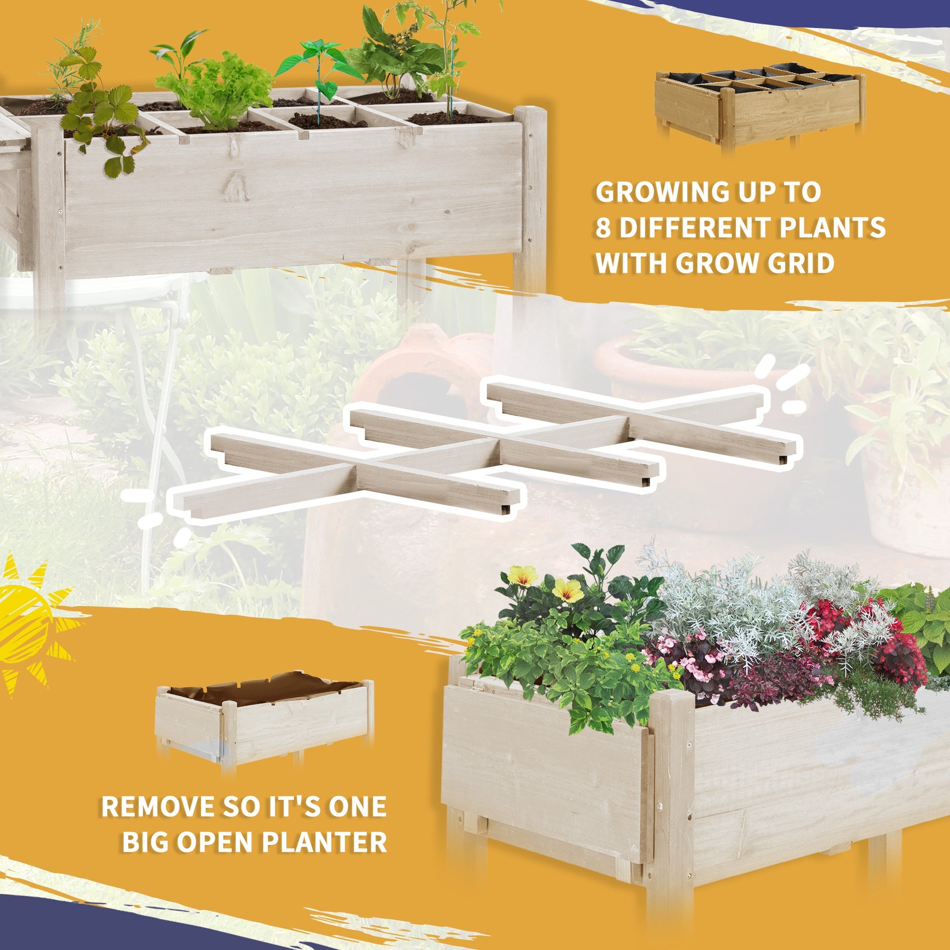 Outsunny Raised Garden Bed Planter Box w/ 8 Grow Grids, Storage Shelf & Lockable Wheels