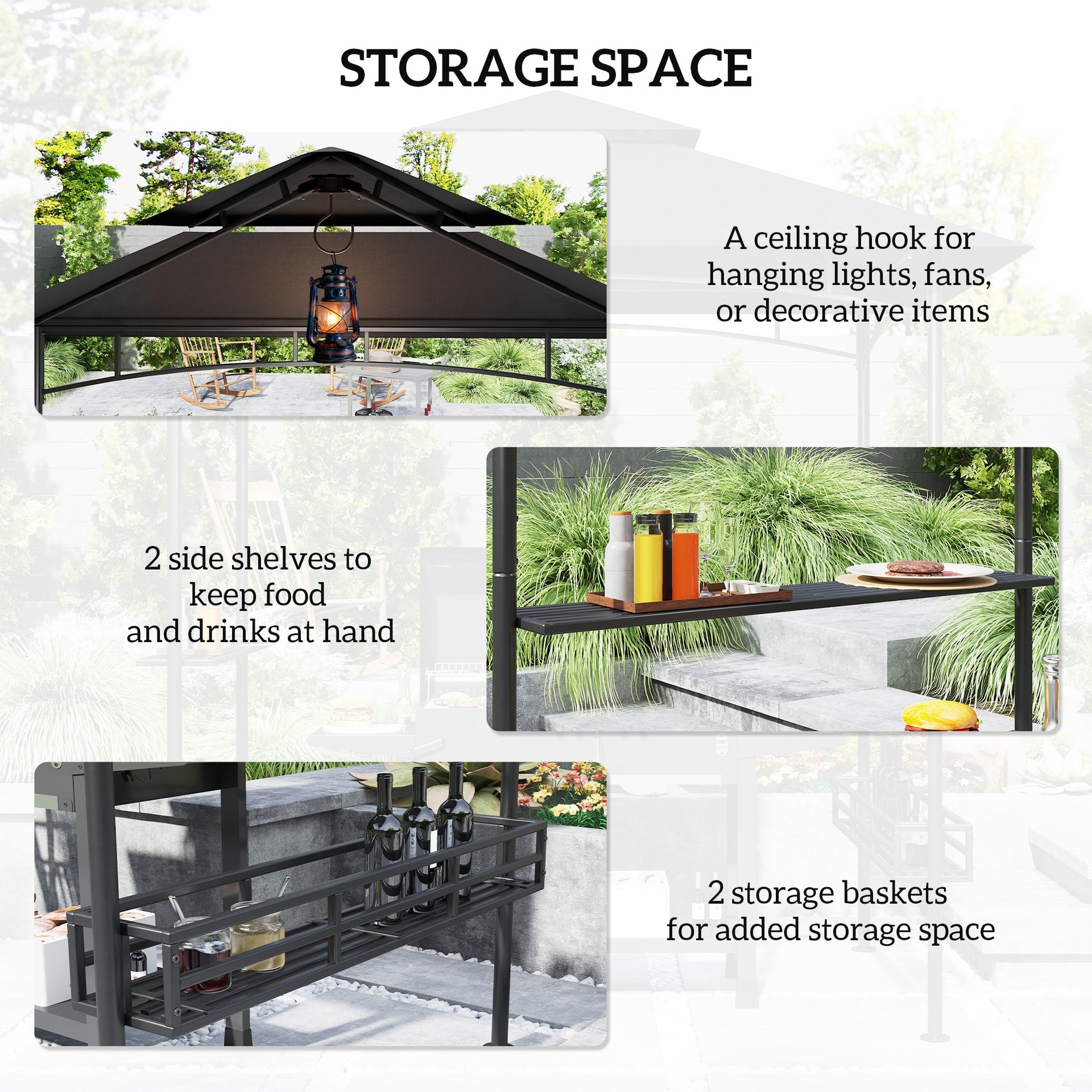 Outsunny 8' x 5' BBQ Grill Gazebo, 2-Tier Outdoor BBQ Gazebo with 2 Side Shelves, Storage Baskets, Ceiling Hook, Dark Gray