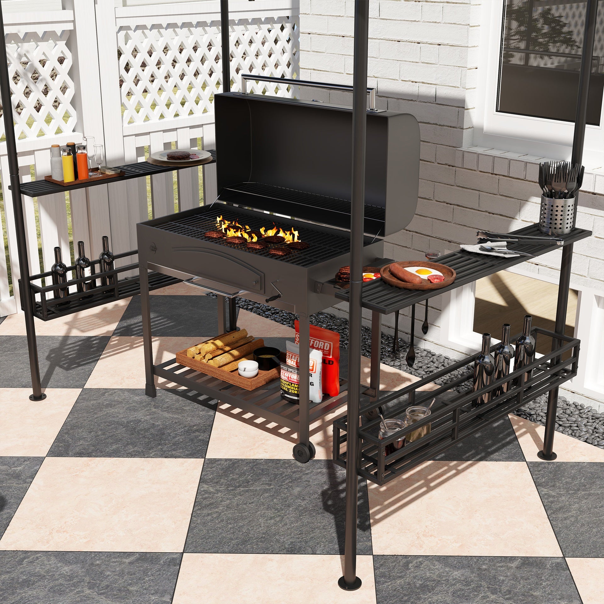 Outsunny 8' x 5' BBQ Grill Gazebo, 2-Tier Outdoor BBQ Gazebo with 2 Side Shelves, Storage Baskets, Ceiling Hook, Dark Gray