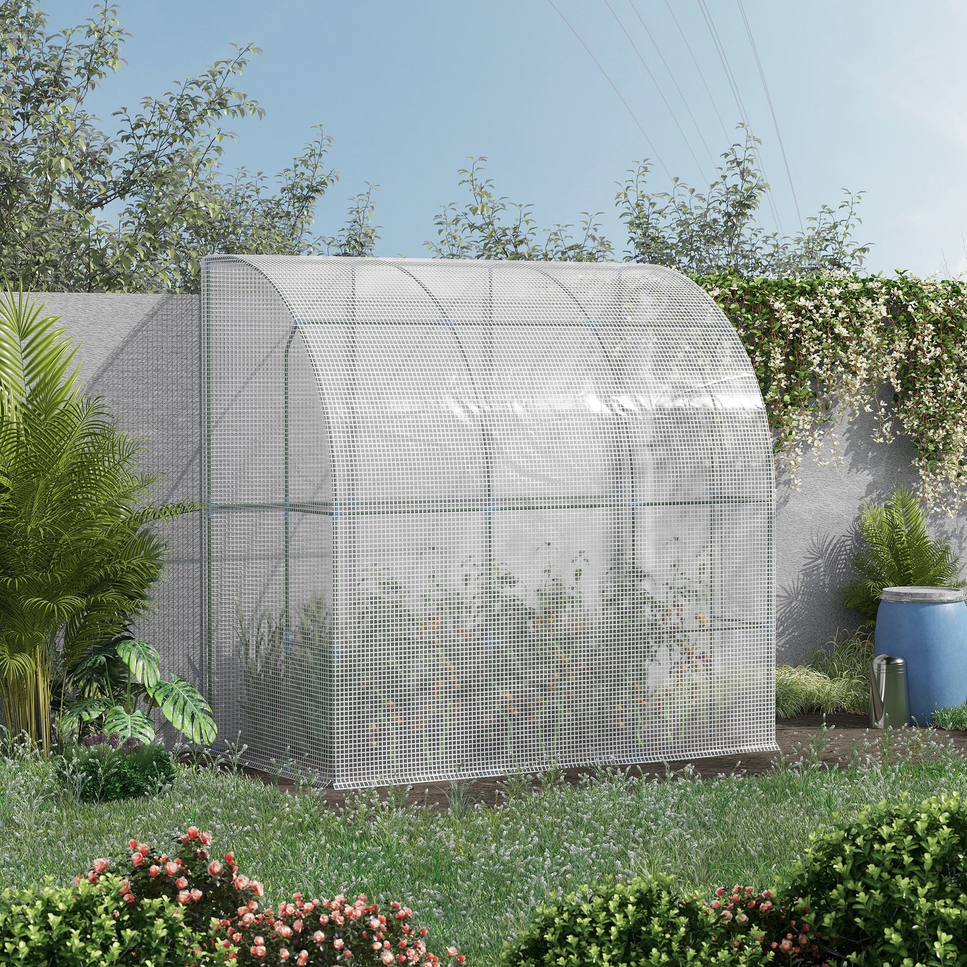 Outsunny 7' x 4' x 7' Outdoor Lean to Greenhouse, Walk-In Green House Plant Nursery with Roll-up Window, PE Cover, White