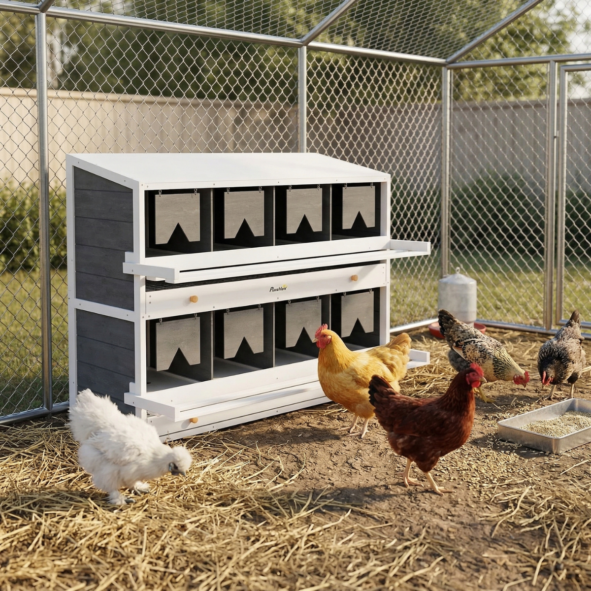 PawHut Chicken Nesting Box, 8 Compartment Wood Laying Boxes for Chicken Coop with Egg Collection Trays Perches for 16-32 Hens