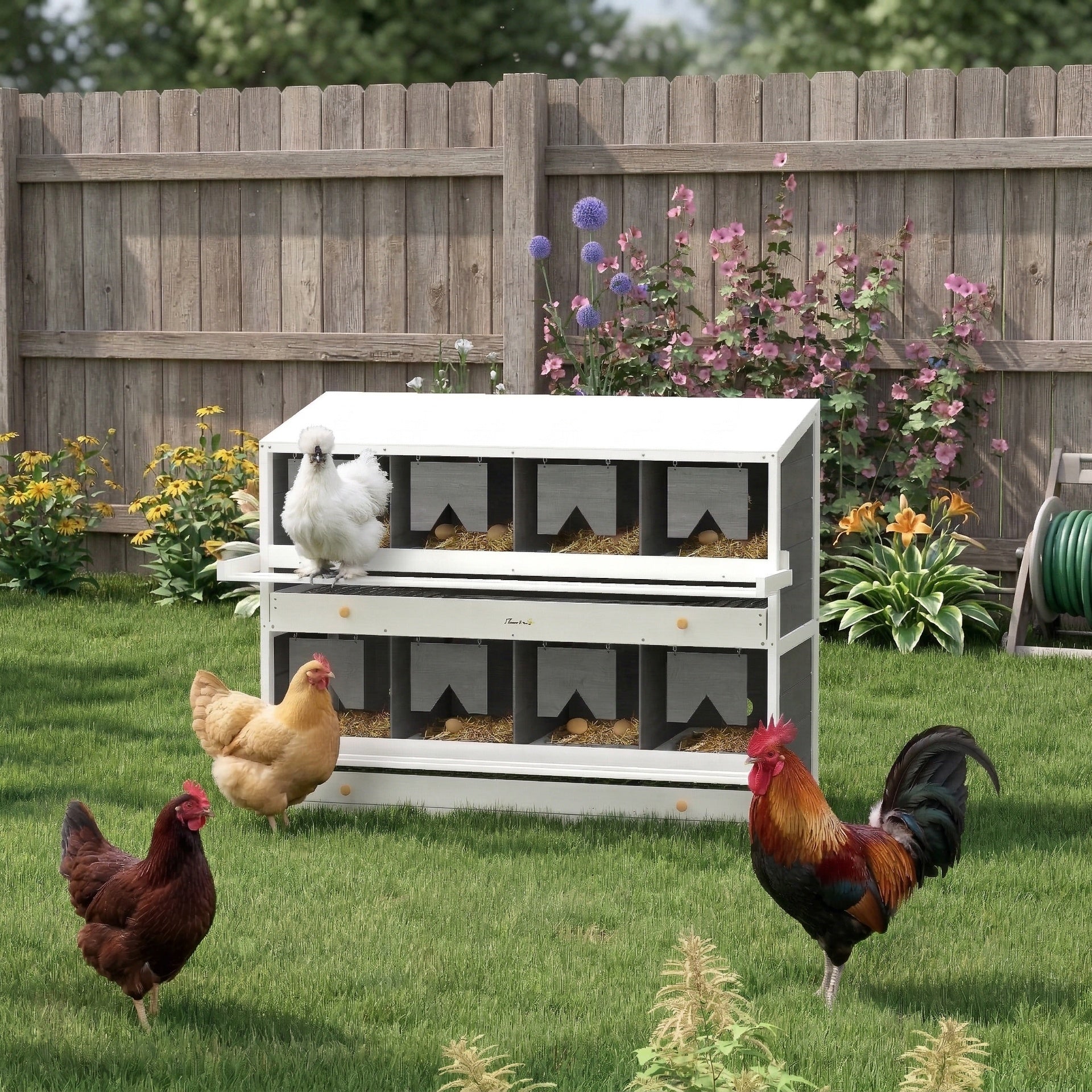 PawHut Chicken Nesting Box, 8 Compartment Wood Laying Boxes for Chicken Coop with Egg Collection Trays Perches for 16-32 Hens