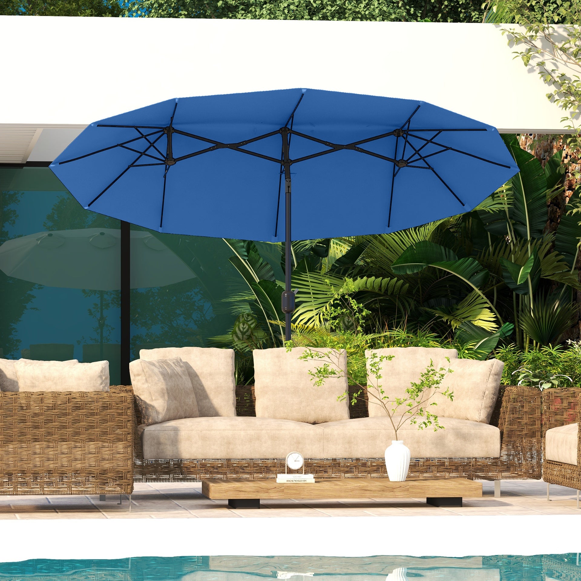 Outsunny Double-sided Patio Umbrella, 9.5' Outdoor Umbrella with Push Button Tilt and Crank, 3 Air Vents and 12 Ribs, Navy Blue