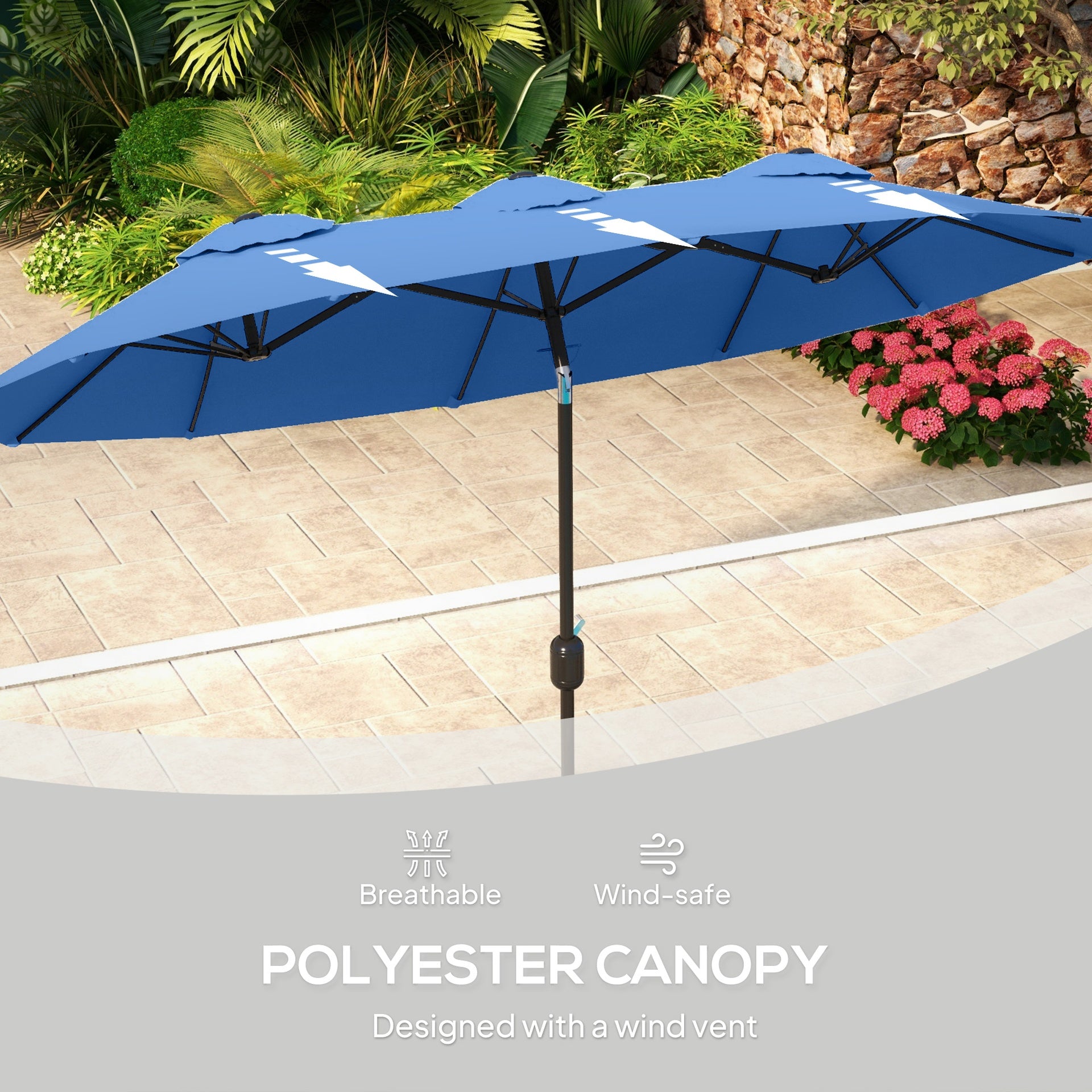 Outsunny Double-sided Patio Umbrella, 9.5' Outdoor Umbrella with Push Button Tilt and Crank, 3 Air Vents and 12 Ribs, Navy Blue