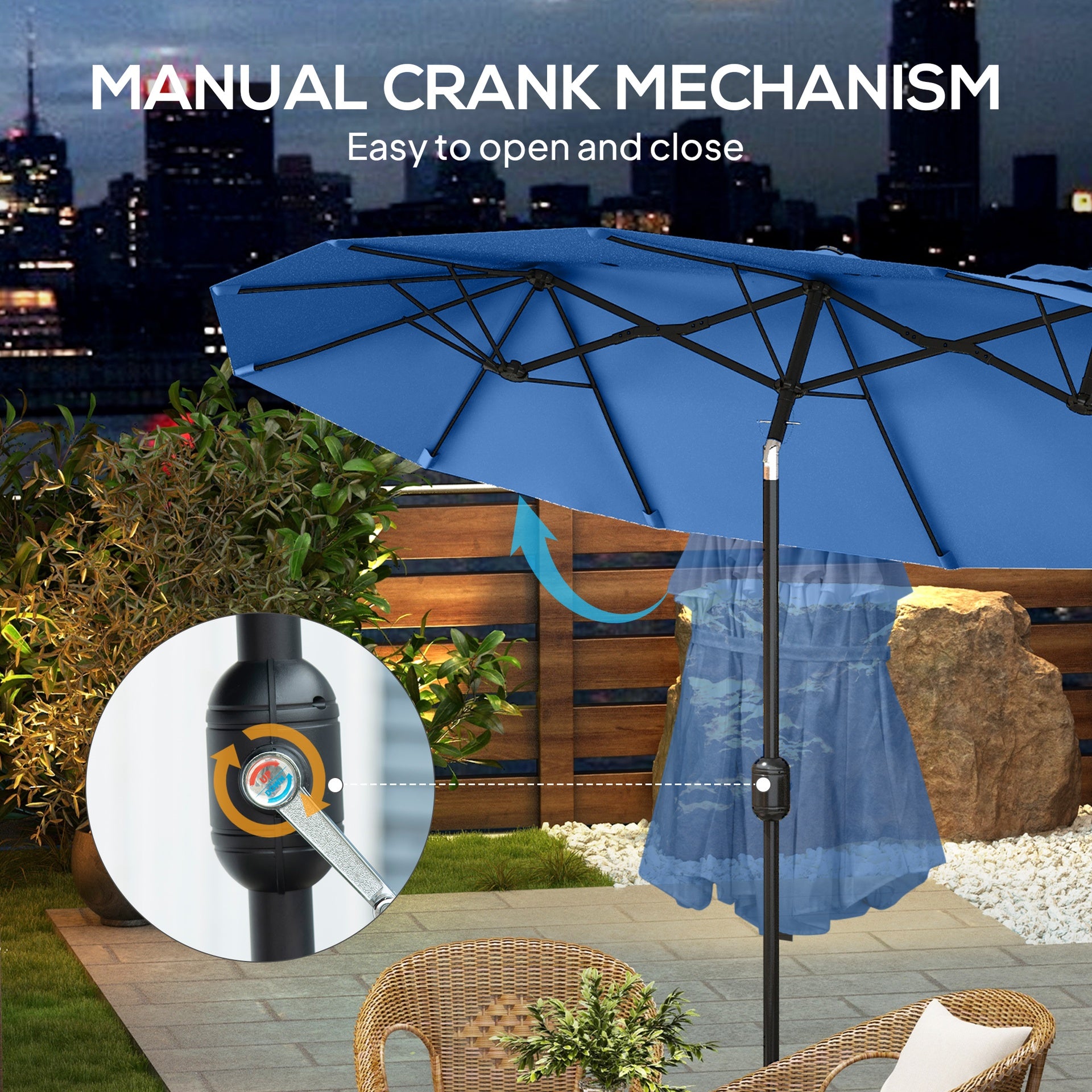 Outsunny Double-sided Patio Umbrella, 9.5' Outdoor Umbrella with Push Button Tilt and Crank, 3 Air Vents and 12 Ribs, Navy Blue