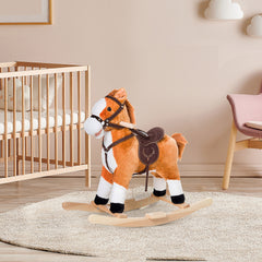 Qaba Kids Plush Toy Rocking Horse, Wooden Ride-on Chair, Plush Animal Rocker with Realistic Sounds and Moving Tail for Toddlers, Brown