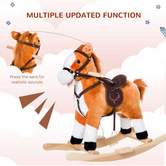 Qaba Kids Plush Toy Rocking Horse, Wooden Ride-on Chair, Plush Animal Rocker with Realistic Sounds and Moving Tail for Toddlers, Brown