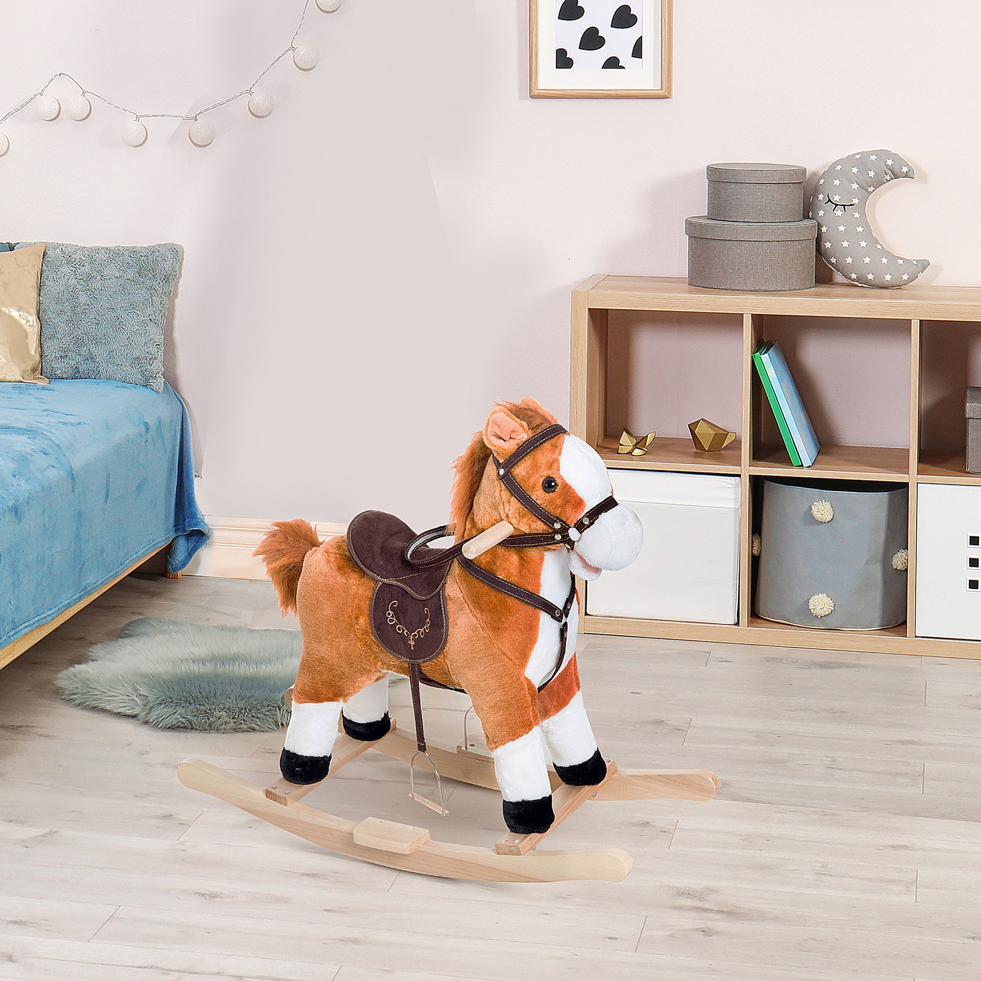 Qaba Kids Plush Toy Rocking Horse, Wooden Ride-on Chair, Plush Animal Rocker with Realistic Sounds and Moving Tail for Toddlers, Brown