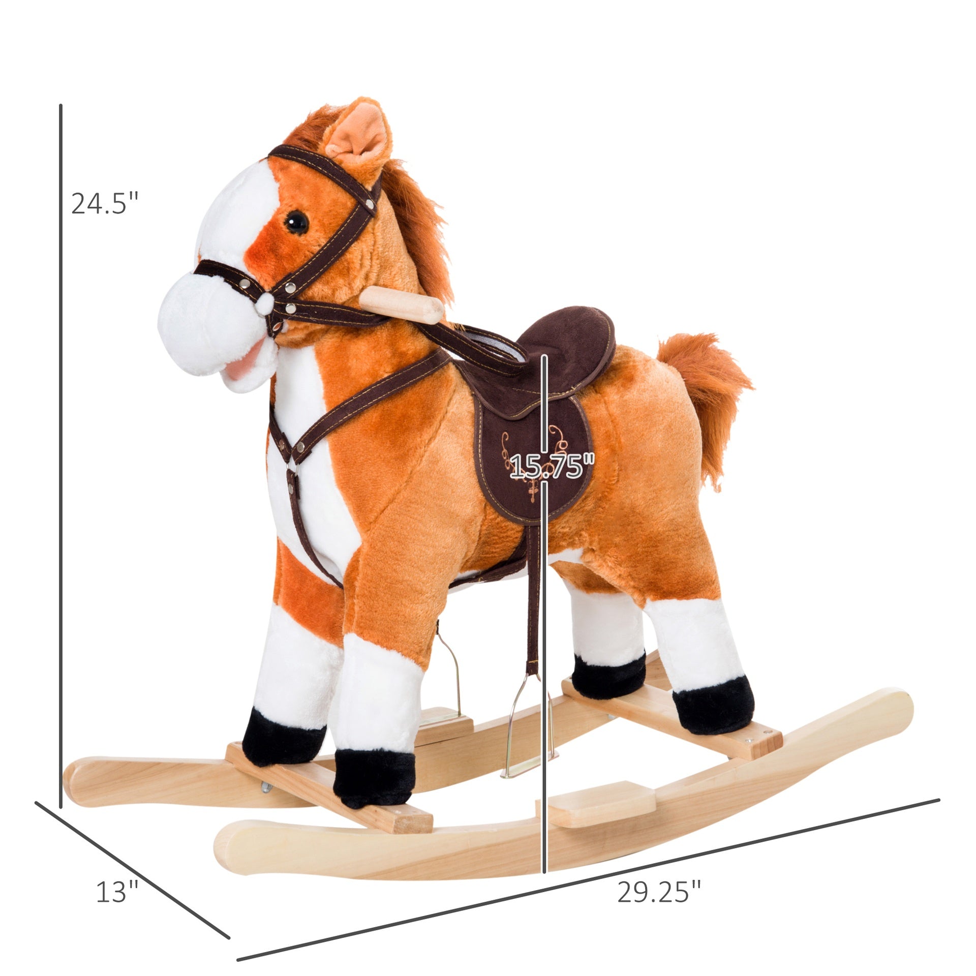 Qaba Kids Plush Toy Rocking Horse, Wooden Ride-on Chair, Plush Animal Rocker with Realistic Sounds and Moving Tail for Toddlers, Brown