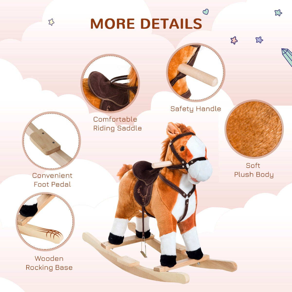 Qaba Kids Plush Toy Rocking Horse, Wooden Ride-on Chair, Plush Animal Rocker with Realistic Sounds and Moving Tail for Toddlers, Brown
