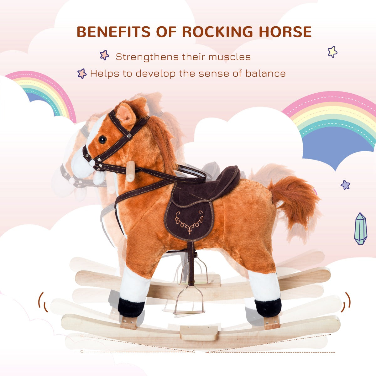 Qaba Kids Plush Toy Rocking Horse, Wooden Ride-on Chair, Plush Animal Rocker with Realistic Sounds and Moving Tail for Toddlers, Brown