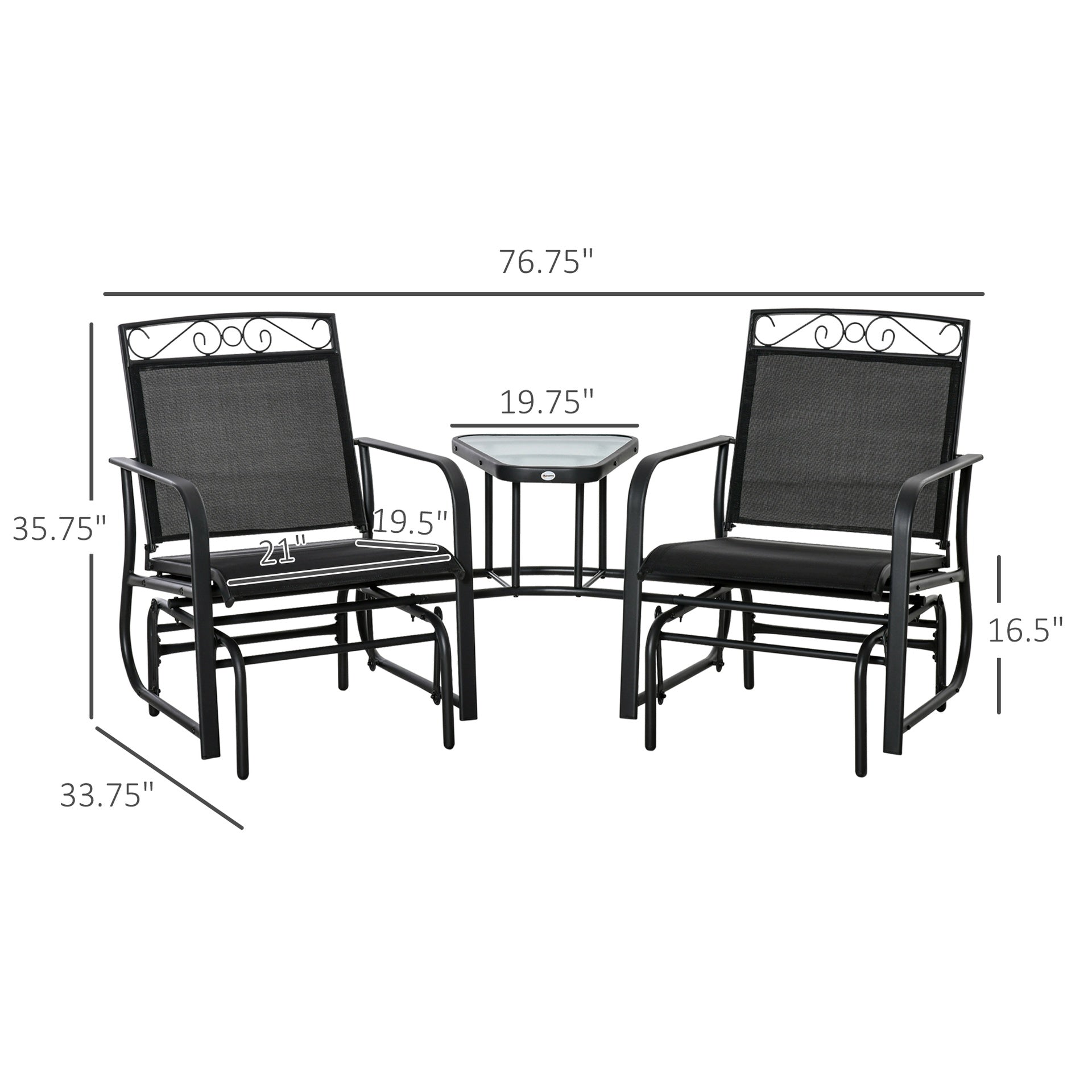 Outsunny Outdoor Glider Chairs with Coffee Table, Patio 2-Seat Rocking Chair Swing with Breathable Sling for Backyard, Black