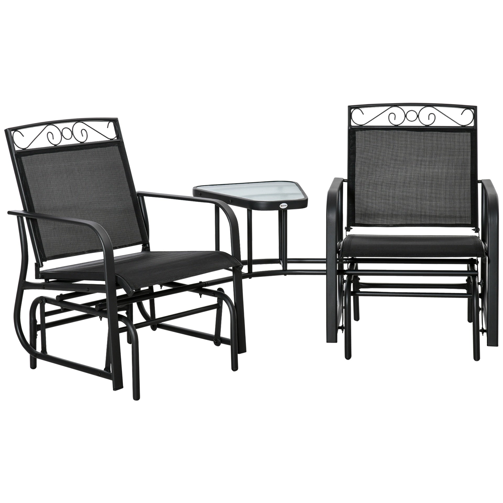 Outsunny Outdoor Glider Chairs with Coffee Table, Patio 2-Seat Rocking Chair Swing with Breathable Sling for Backyard, Black