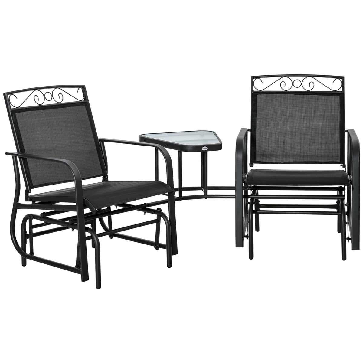 Outsunny Outdoor Glider Chairs with Coffee Table, Patio 2-Seat Rocking Chair Swing with Breathable Sling for Backyard, Black