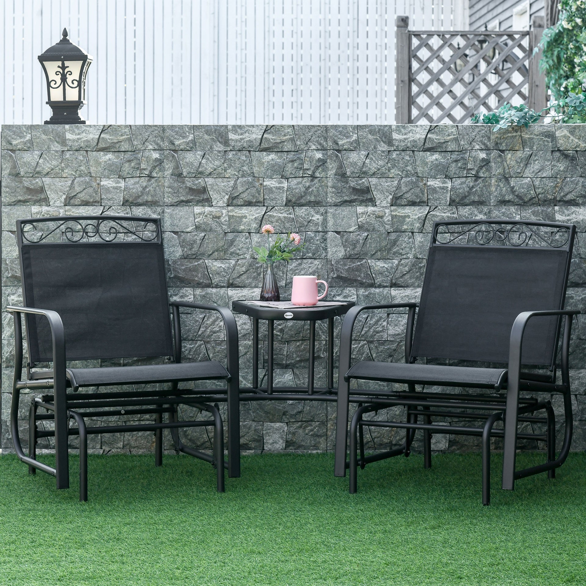 Outsunny Outdoor Glider Chairs with Coffee Table, Patio 2-Seat Rocking Chair Swing with Breathable Sling for Backyard, Black