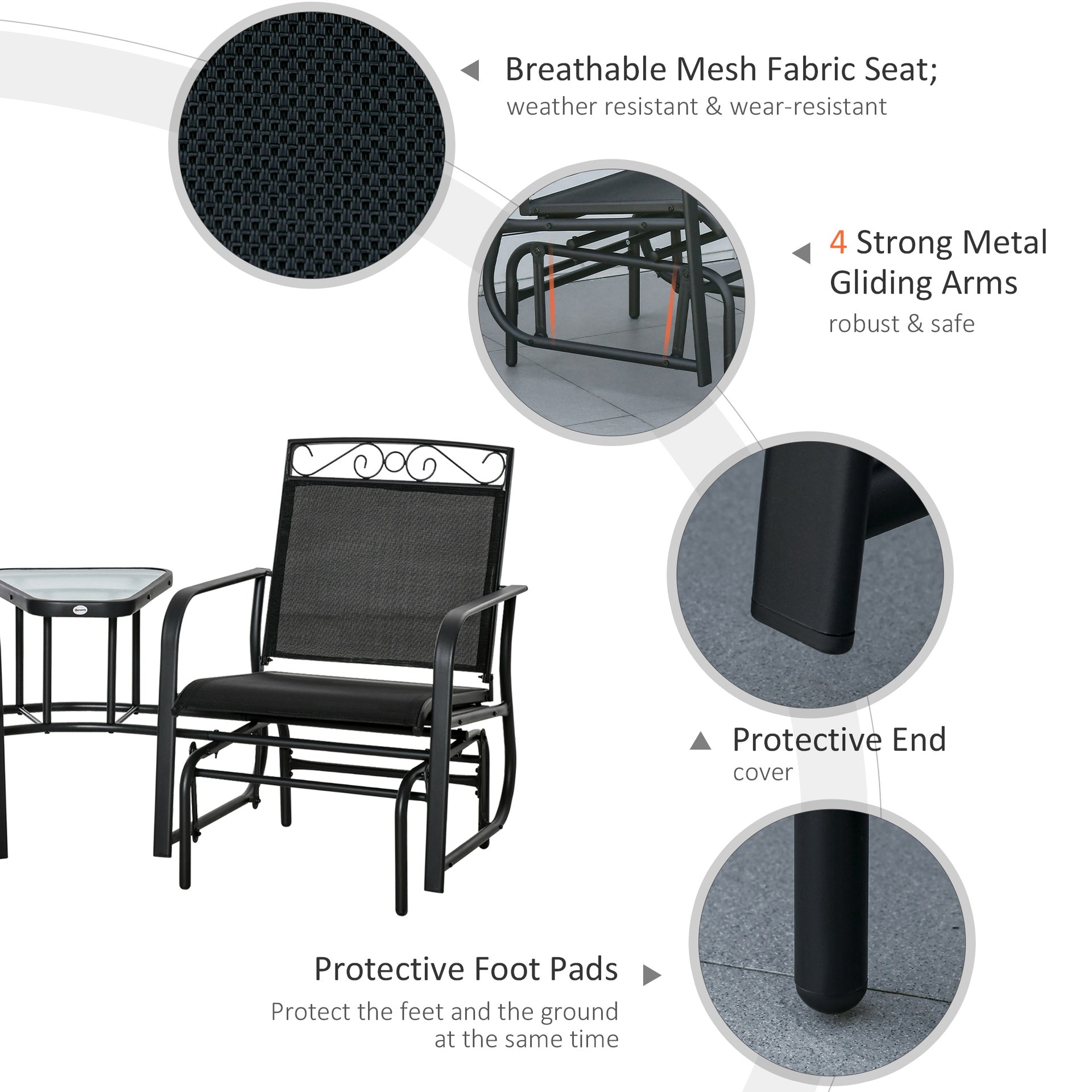 Outsunny Outdoor Glider Chairs with Coffee Table, Patio 2-Seat Rocking Chair Swing with Breathable Sling for Backyard, Black