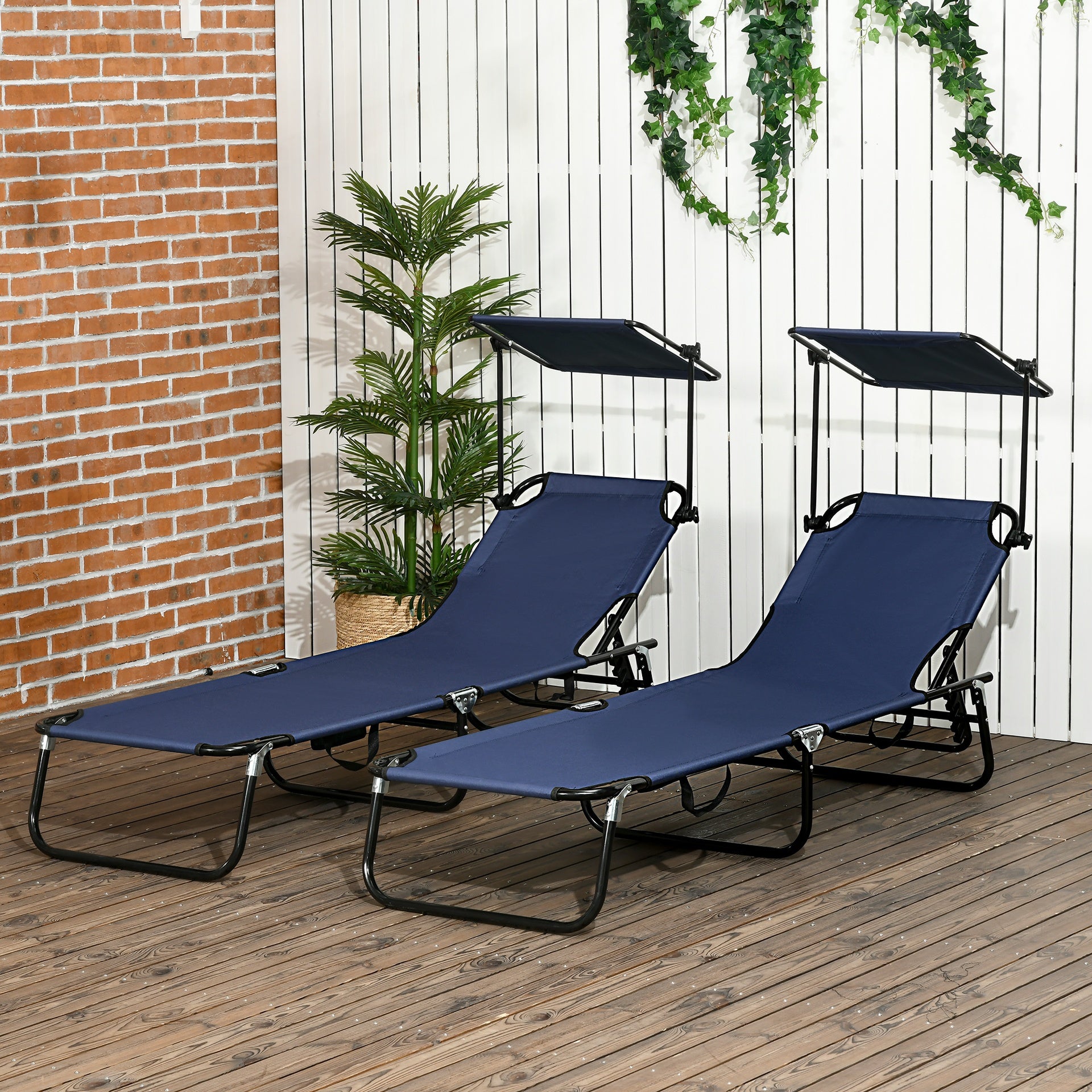 Outsunny Chaise Lounge Pool Lounge Chairs Set of 2,Outdoor Sun Tanning Chairs,Reclining Back,Steel Frame and Side Pocket,Blue