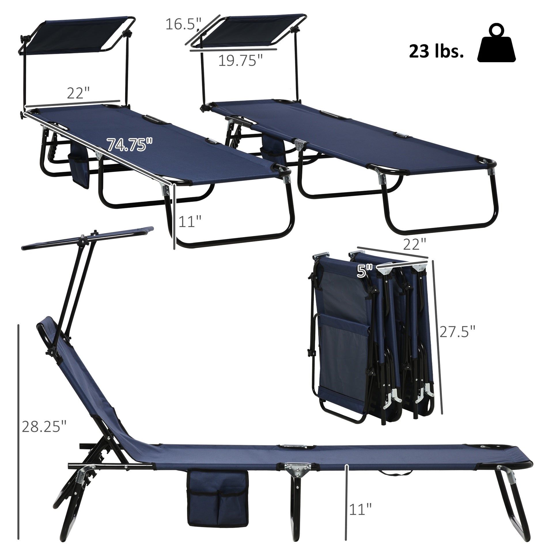 Outsunny Chaise Lounge Pool Lounge Chairs Set of 2,Outdoor Sun Tanning Chairs,Reclining Back,Steel Frame and Side Pocket,Blue