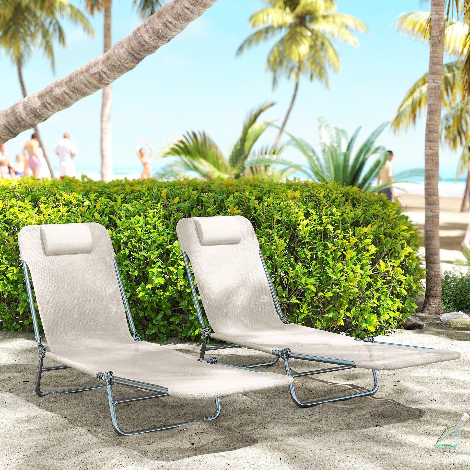 Outsunny 2 Piece Sun Loungers, Folding Chaise Lounge Chairs with Reclining Back, Breathable Mesh Seat, Headrest, Cream White