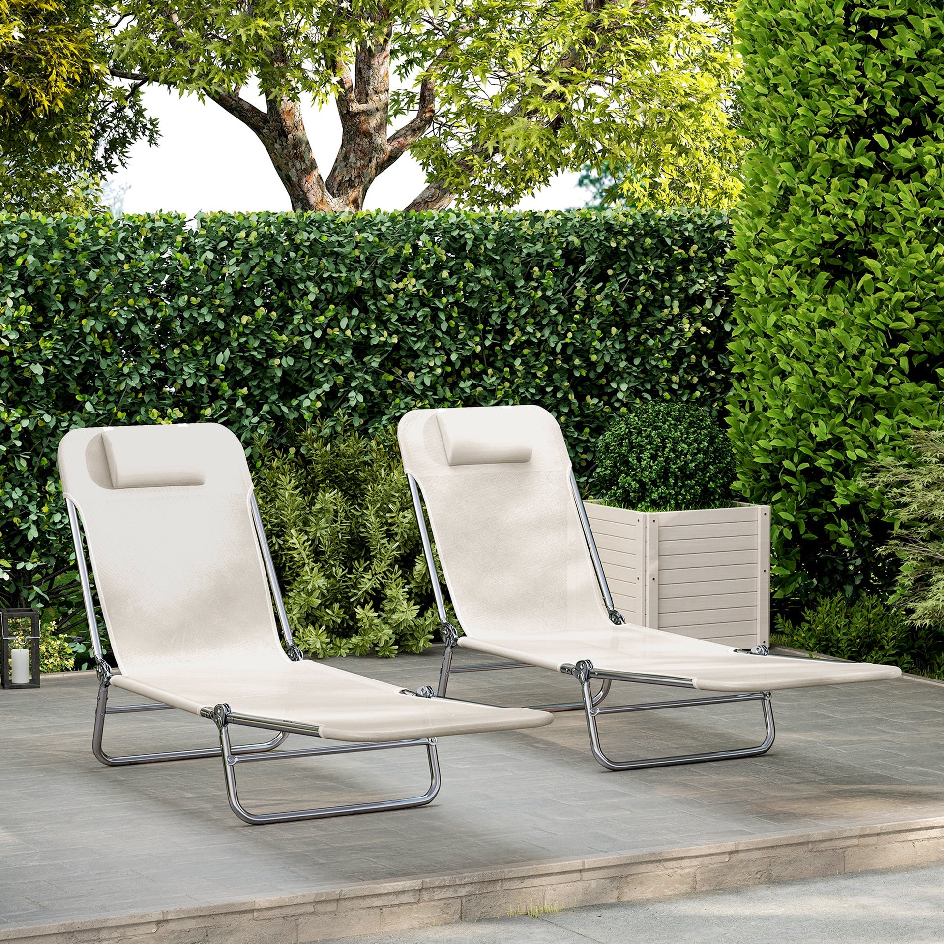 Outsunny 2 Piece Sun Loungers, Folding Chaise Lounge Chairs with Reclining Back, Breathable Mesh Seat, Headrest, Cream White