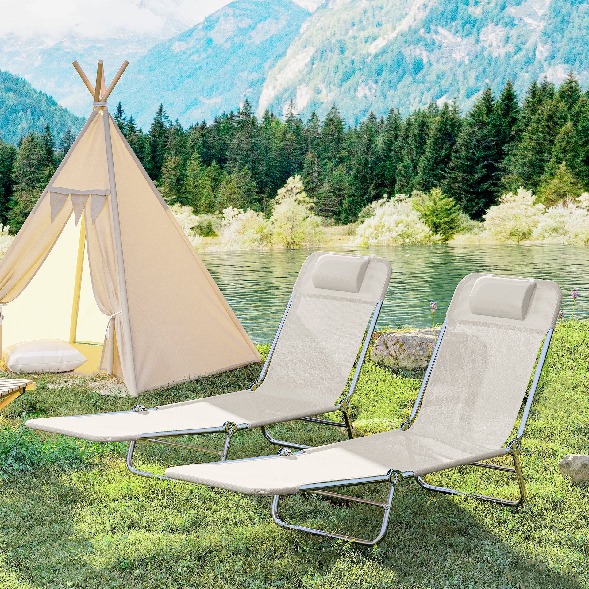 Outsunny 2 Piece Sun Loungers, Folding Chaise Lounge Chairs with Reclining Back, Breathable Mesh Seat, Headrest, Cream White
