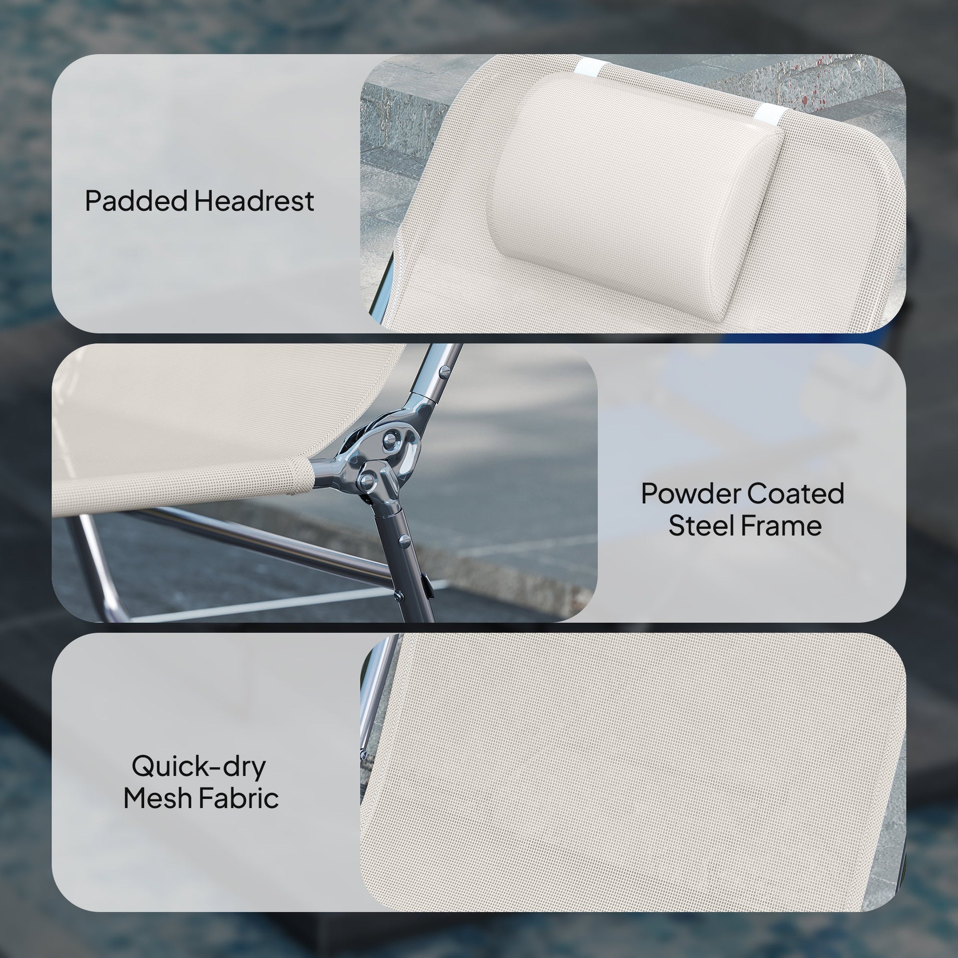 Outsunny 2 Piece Sun Loungers, Folding Chaise Lounge Chairs with Reclining Back, Breathable Mesh Seat, Headrest, Cream White
