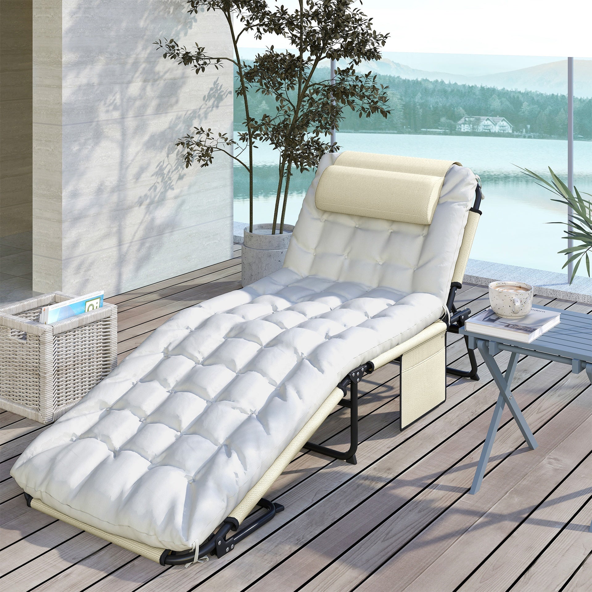 Outsunny Folding Chaise Lounge Pool Chair with 4-level Reclining Back, Cushion, Side Pocket, Headrest, Beige