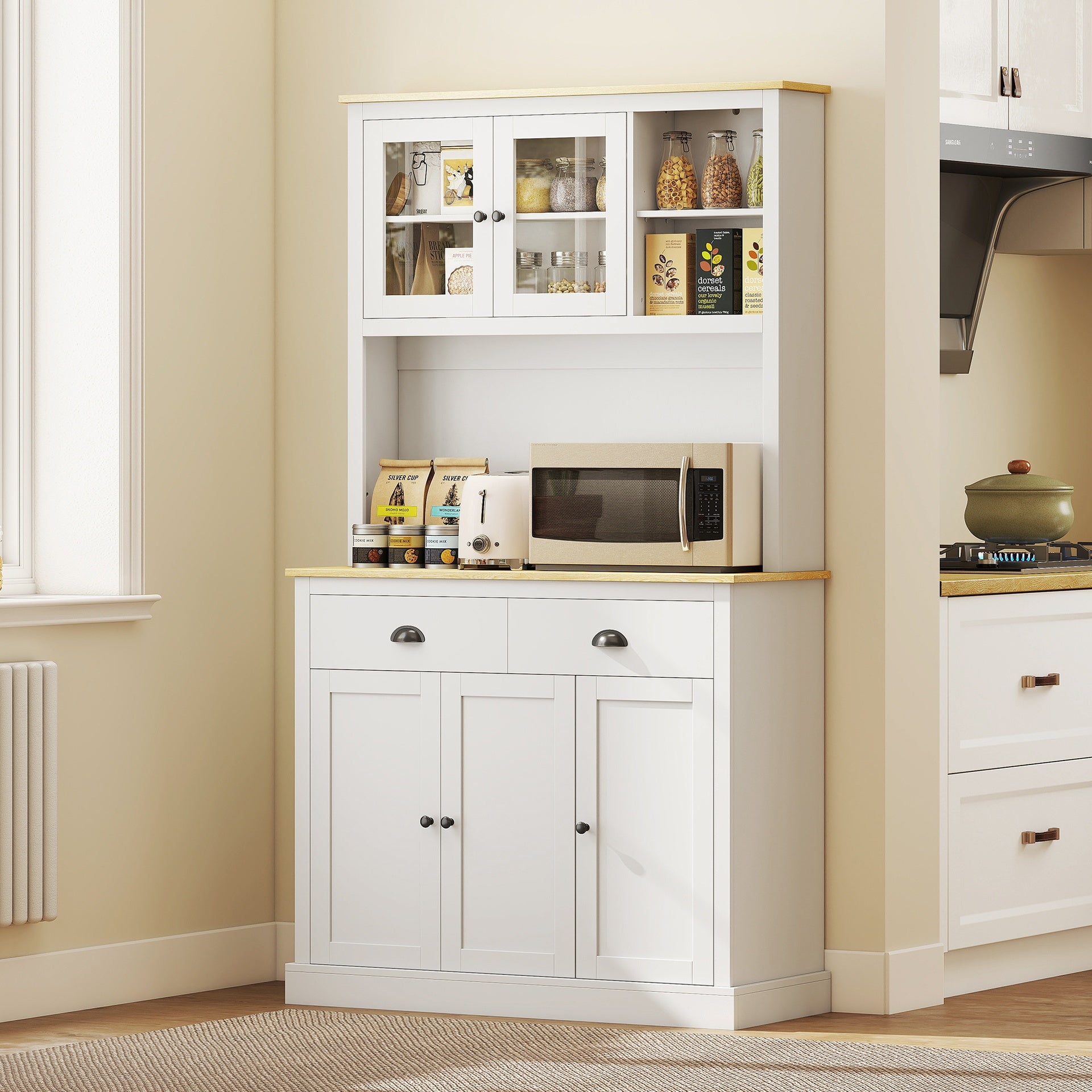 HOMCOM Freestanding Kitchen Cabinet, 71" Tall Pantry Cabinet, Modern Hutch with Wide Countertop, Adjustable Shelves, White