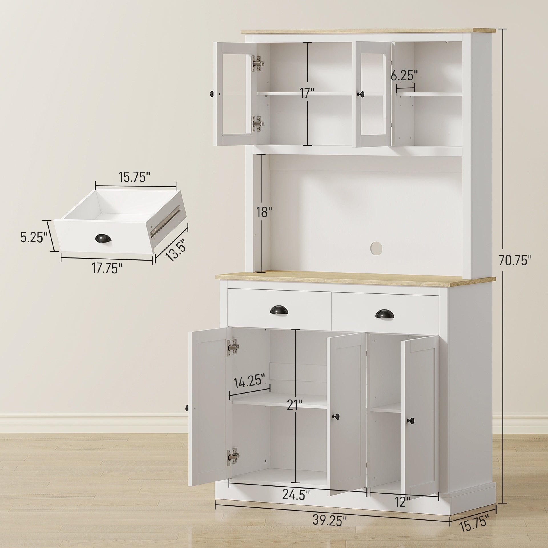 HOMCOM Freestanding Kitchen Cabinet, 71" Tall Pantry Cabinet, Modern Hutch with Wide Countertop, Adjustable Shelves, White
