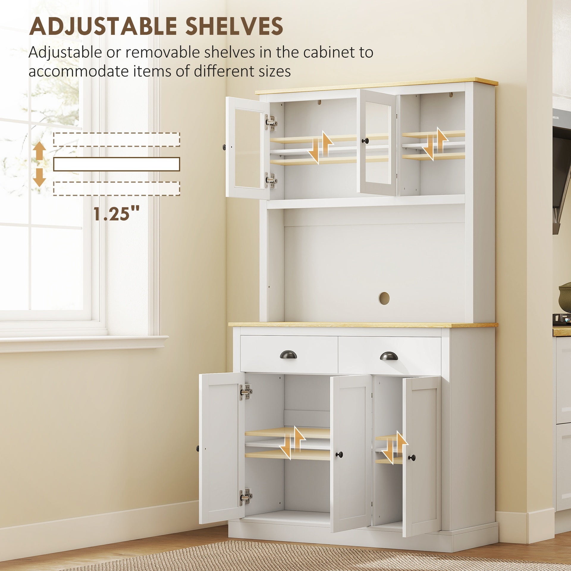 HOMCOM Freestanding Kitchen Cabinet, 71" Tall Pantry Cabinet, Modern Hutch with Wide Countertop, Adjustable Shelves, White