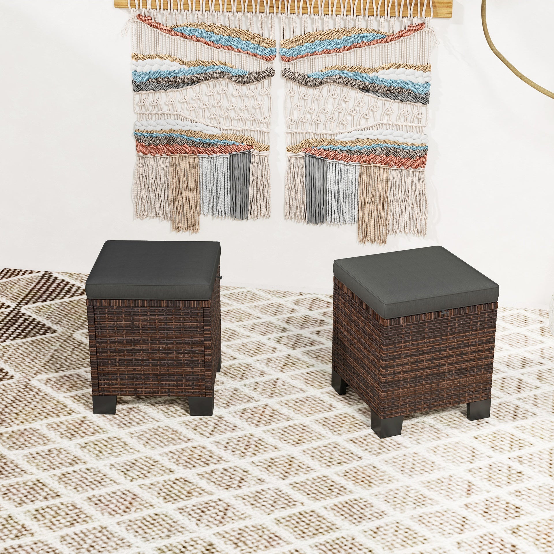 Outsunny 2 Piece Wicker Outdoor Ottomans with Cushions, Rattan Ottoman Footrest and Side Table for Patio, Yard, Poolside, Gray