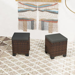Outsunny 2 Piece Wicker Outdoor Ottomans with Cushions, Rattan Ottoman Footrest and Side Table for Patio, Yard, Poolside, Gray