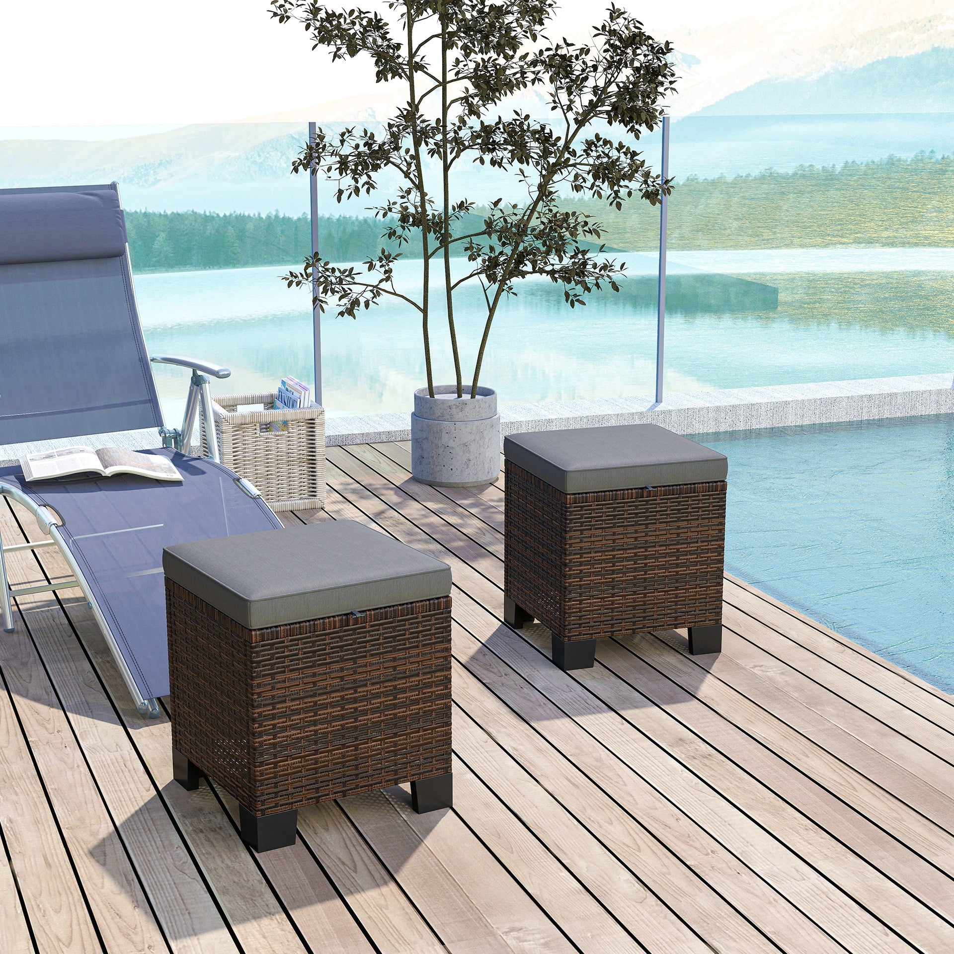 Outsunny 2 Piece Wicker Outdoor Ottomans with Cushions, Rattan Ottoman Footrest and Side Table for Patio, Yard, Poolside, Gray