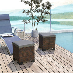 Outsunny 2 Piece Wicker Outdoor Ottomans with Cushions, Rattan Ottoman Footrest and Side Table for Patio, Yard, Poolside, Gray