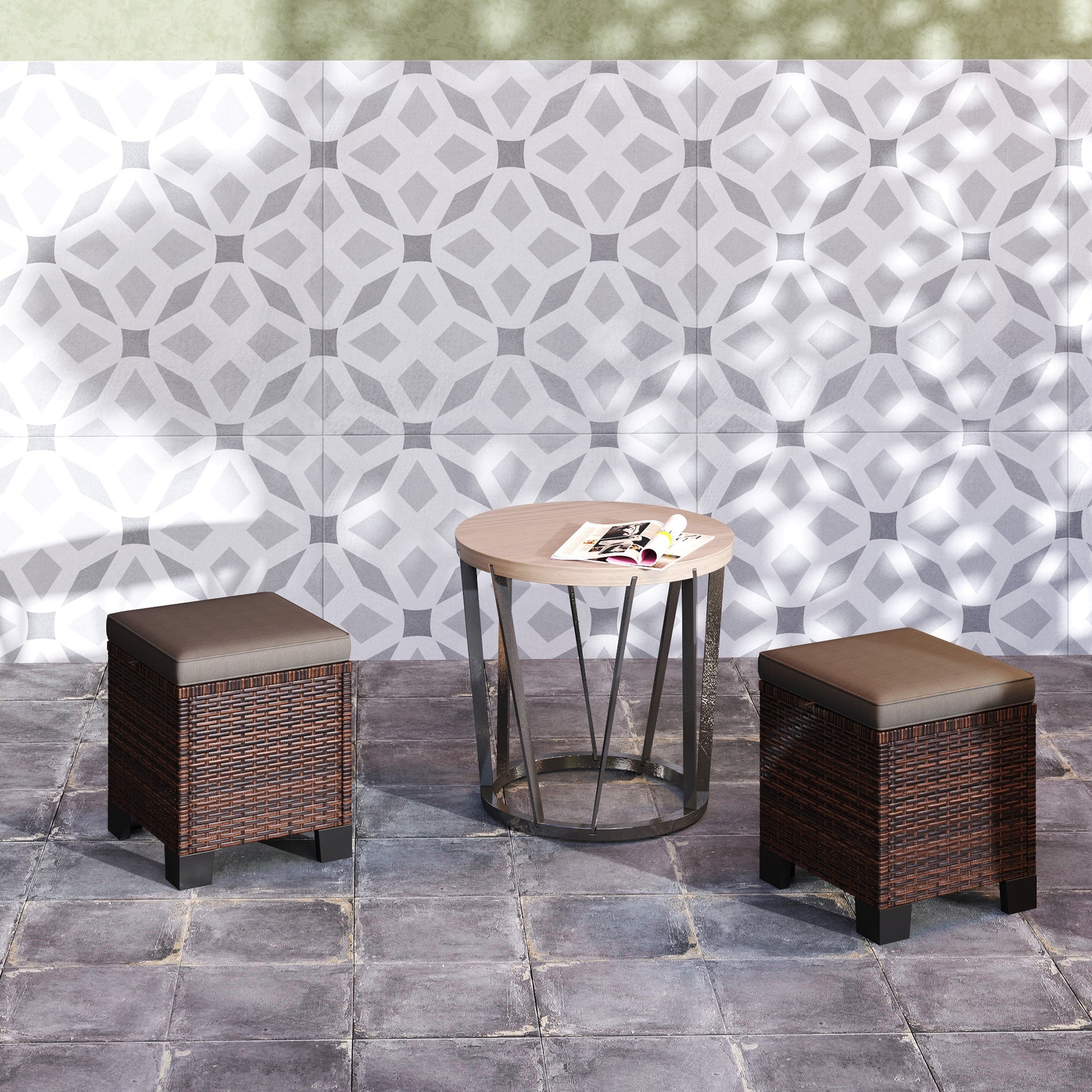 Outsunny 2 Piece Wicker Outdoor Ottomans with Cushions, Rattan Ottoman Footrest and Side Table for Patio, Yard, Poolside, Gray