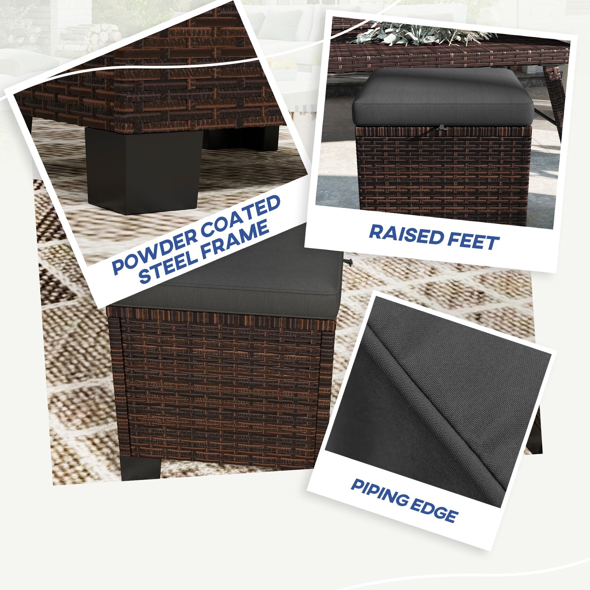 Outsunny 2 Piece Wicker Outdoor Ottomans with Cushions, Rattan Ottoman Footrest and Side Table for Patio, Yard, Poolside, Gray