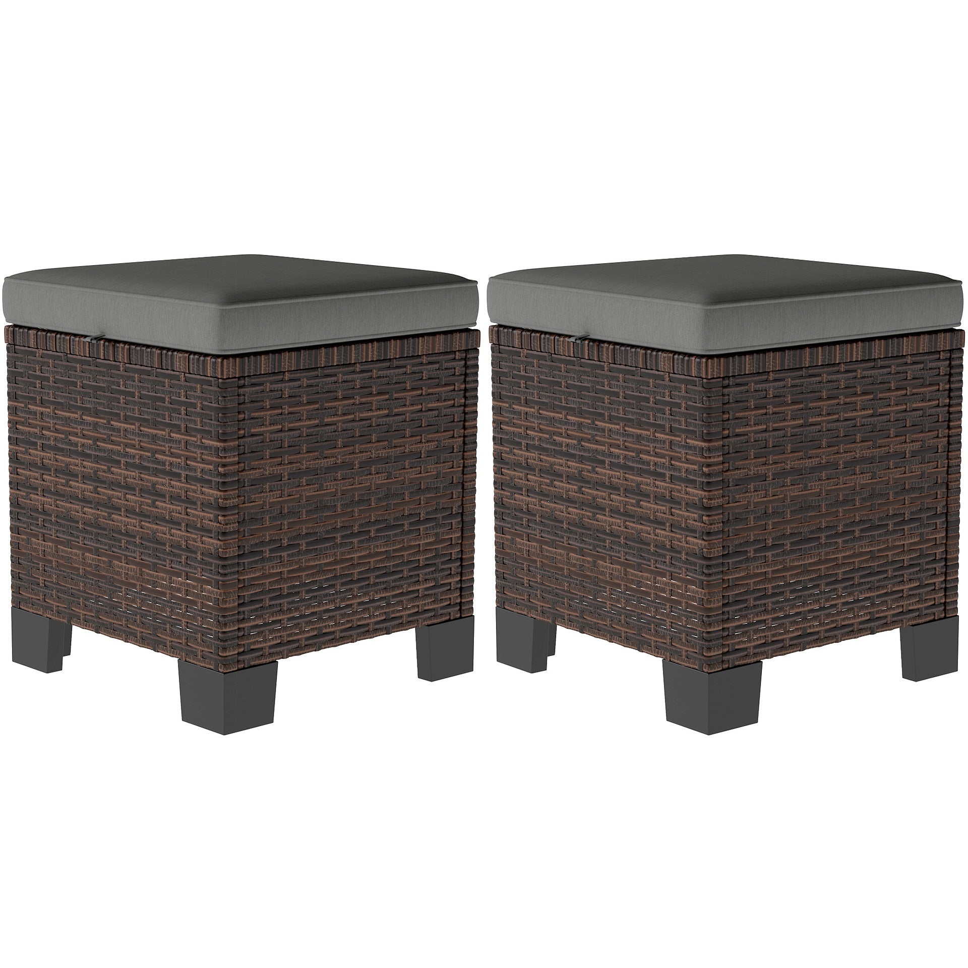 Outsunny 2 Piece Wicker Outdoor Ottomans with Cushions, Rattan Ottoman Footrest and Side Table for Patio, Yard, Poolside, Gray