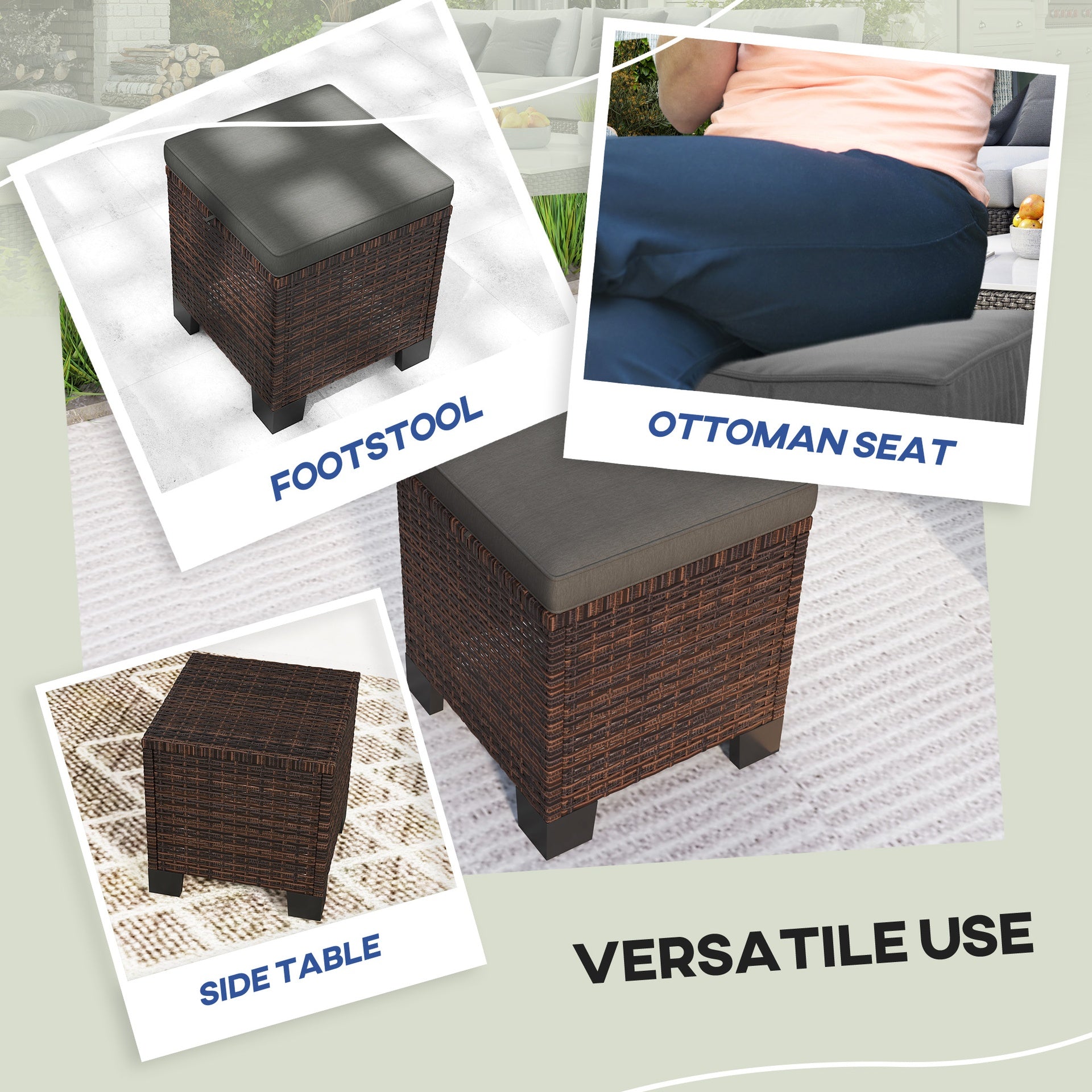 Outsunny 2 Piece Wicker Outdoor Ottomans with Cushions, Rattan Ottoman Footrest and Side Table for Patio, Yard, Poolside, Gray