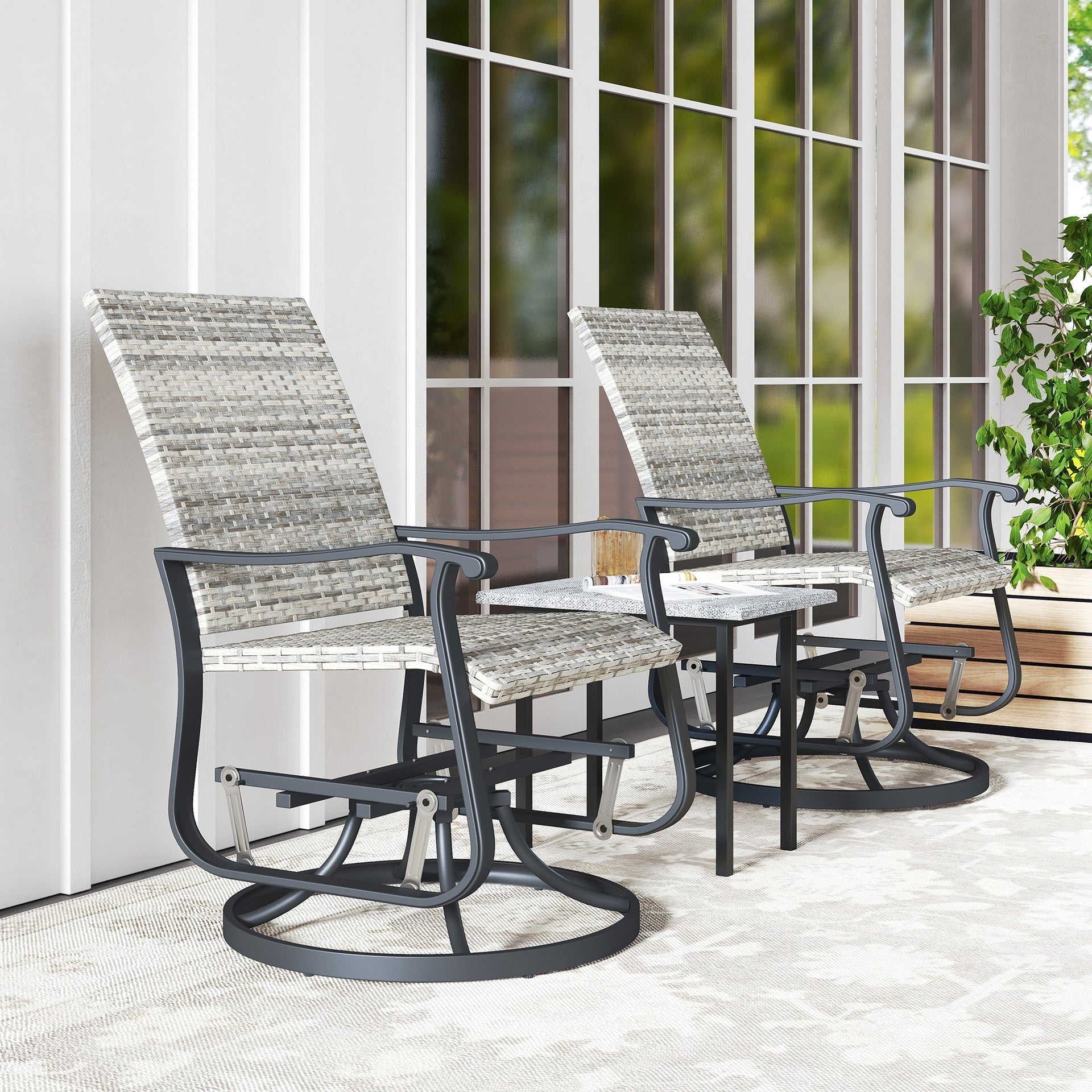 Outsunny Wicker Rattan Swivel Patio Glider Chair Set of 2, Outdoor Glider Chair with Steel Frame, High Back, Armrests, Yellow