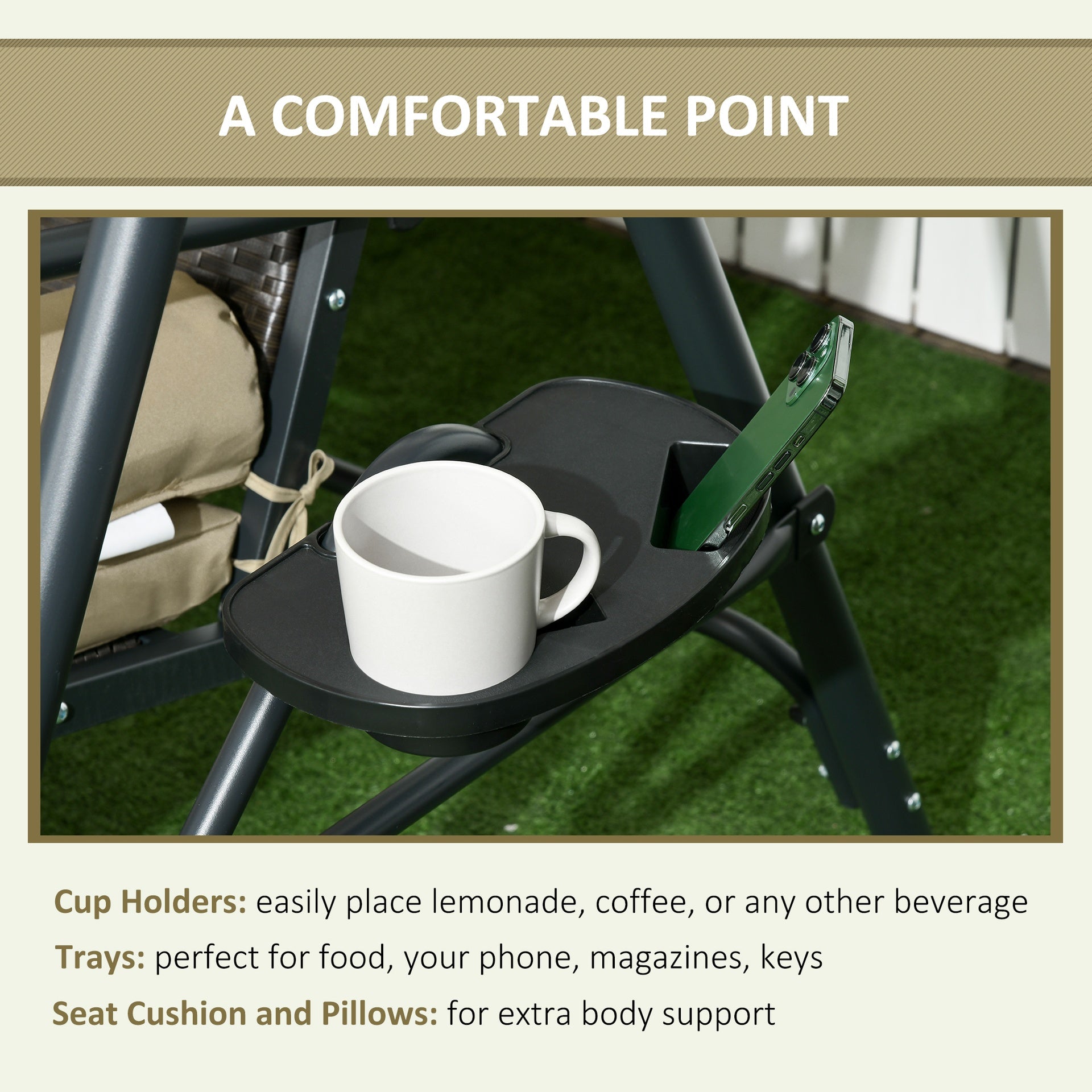 Outsunny 3-Seat Patio Swing Chair, Outdoor Canopy Swing Glider with Removable Cushion, Pillows, Adjustable Shade, and Rattan Seat, for Porch, Garden, Poolside, Backyard