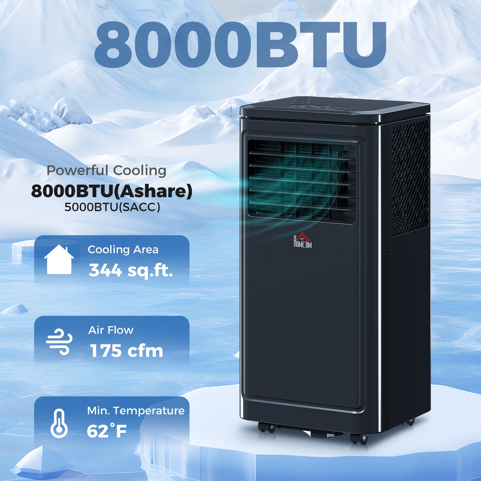 HOMCOM 8,000 BTU Portable Air Conditioner Fan w/ Remote for Rooms Up to 344 Sq. Ft., Evaporative Cooler AC Unit Black