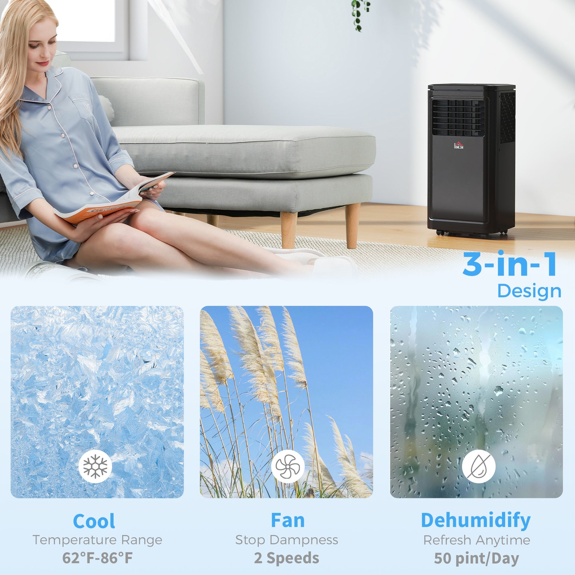 HOMCOM 8,000 BTU Portable Air Conditioner Fan w/ Remote for Rooms Up to 344 Sq. Ft., Evaporative Cooler AC Unit Black
