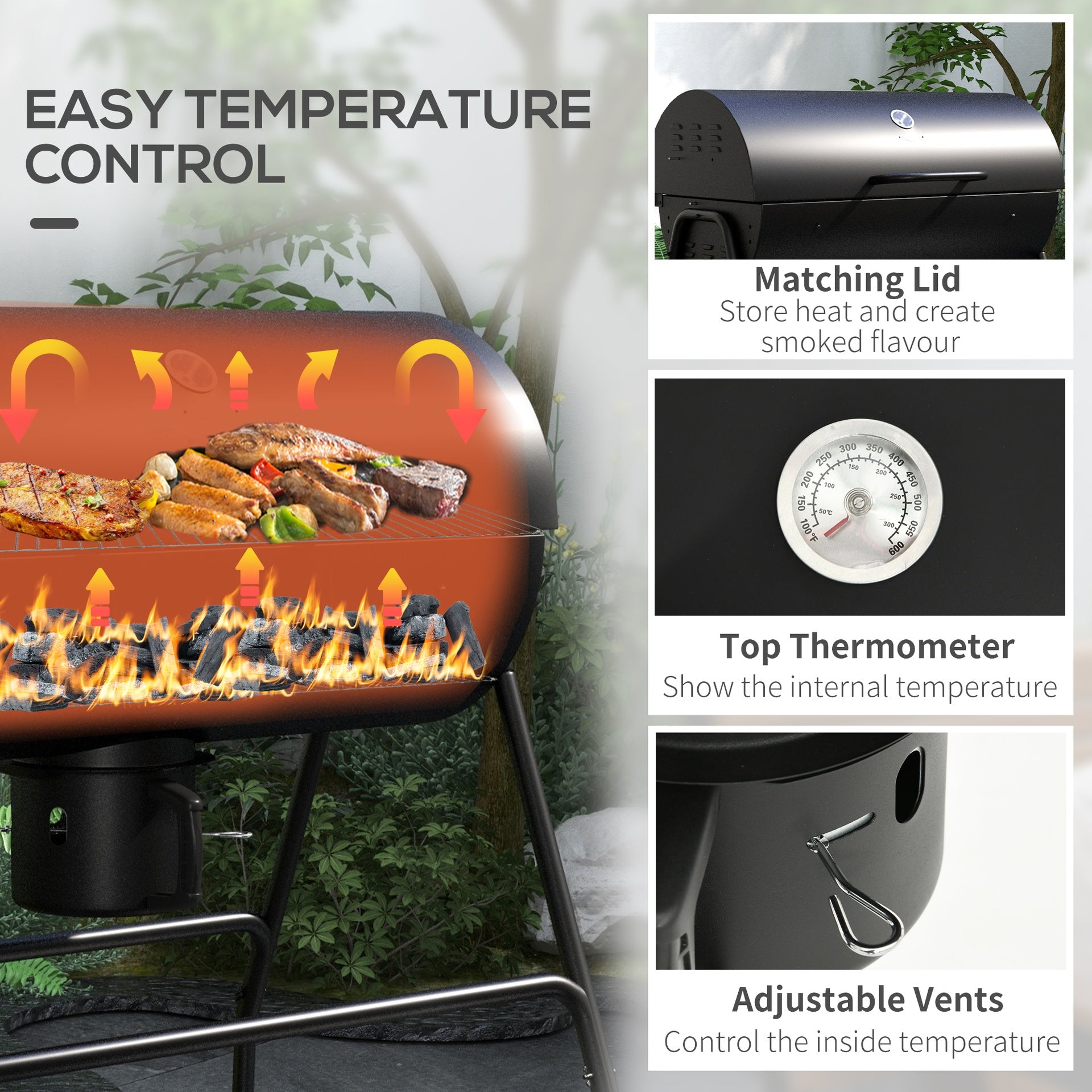 Outsunny Barrel Charcoal BBQ Grill, Barbecue with 420 sq.in. Cooking Area, Wheels, Ash Catcher, Black