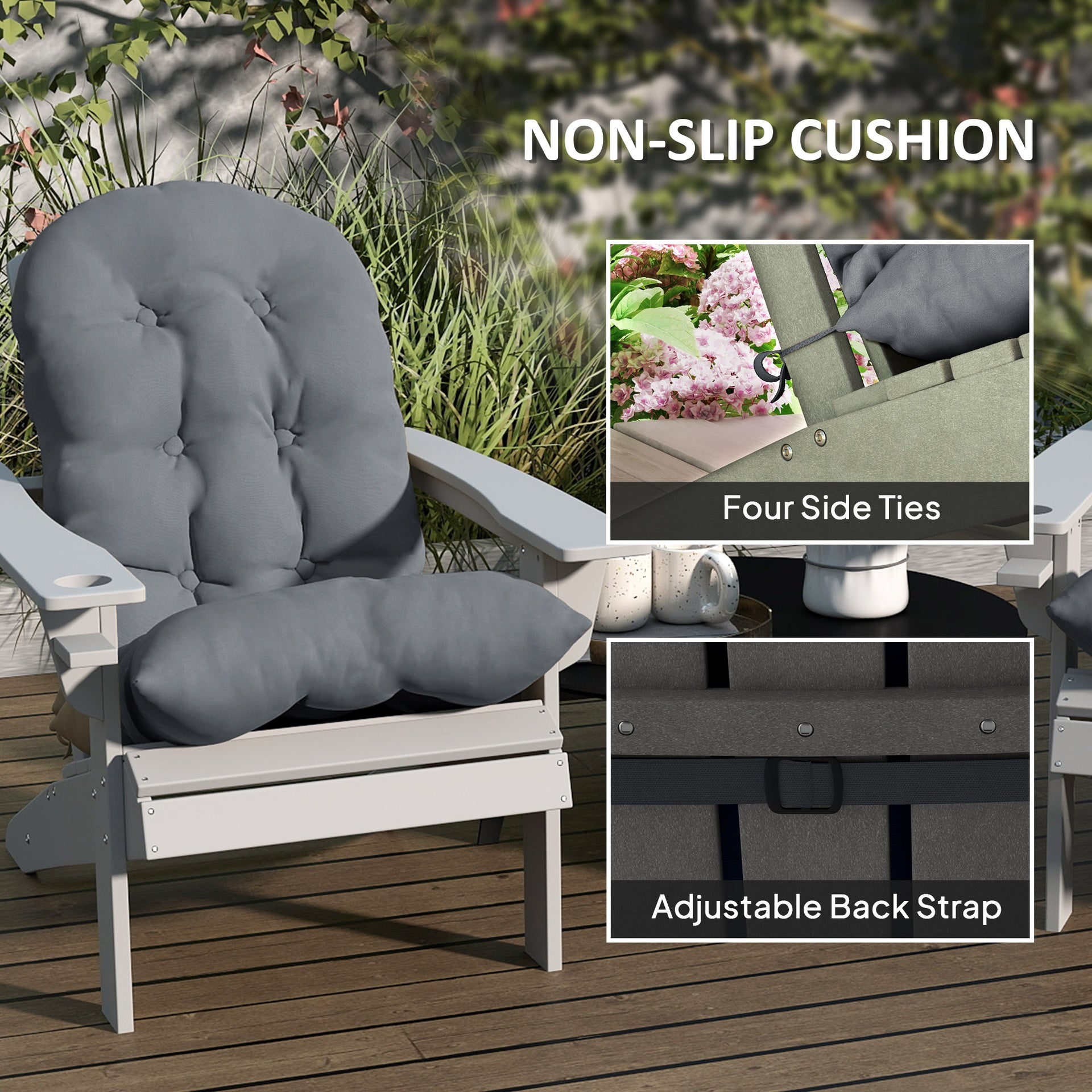 Outsunny Adirondack Chair Cushions Set of 2, Tufted High Back Patio Non-Slip Cushions for Adirondack Chairs, Gray