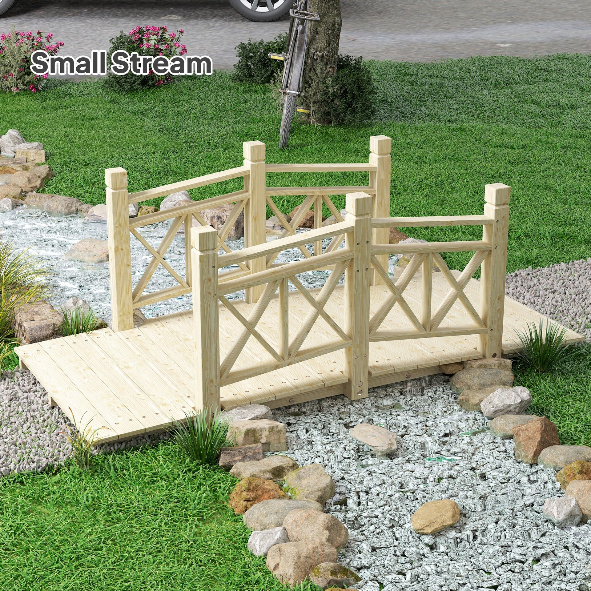 Outsunny 5 ft. Wooden Garden Bridge Footbridge for Backyard Ponds, Creeks, Streams, Nature Wood
