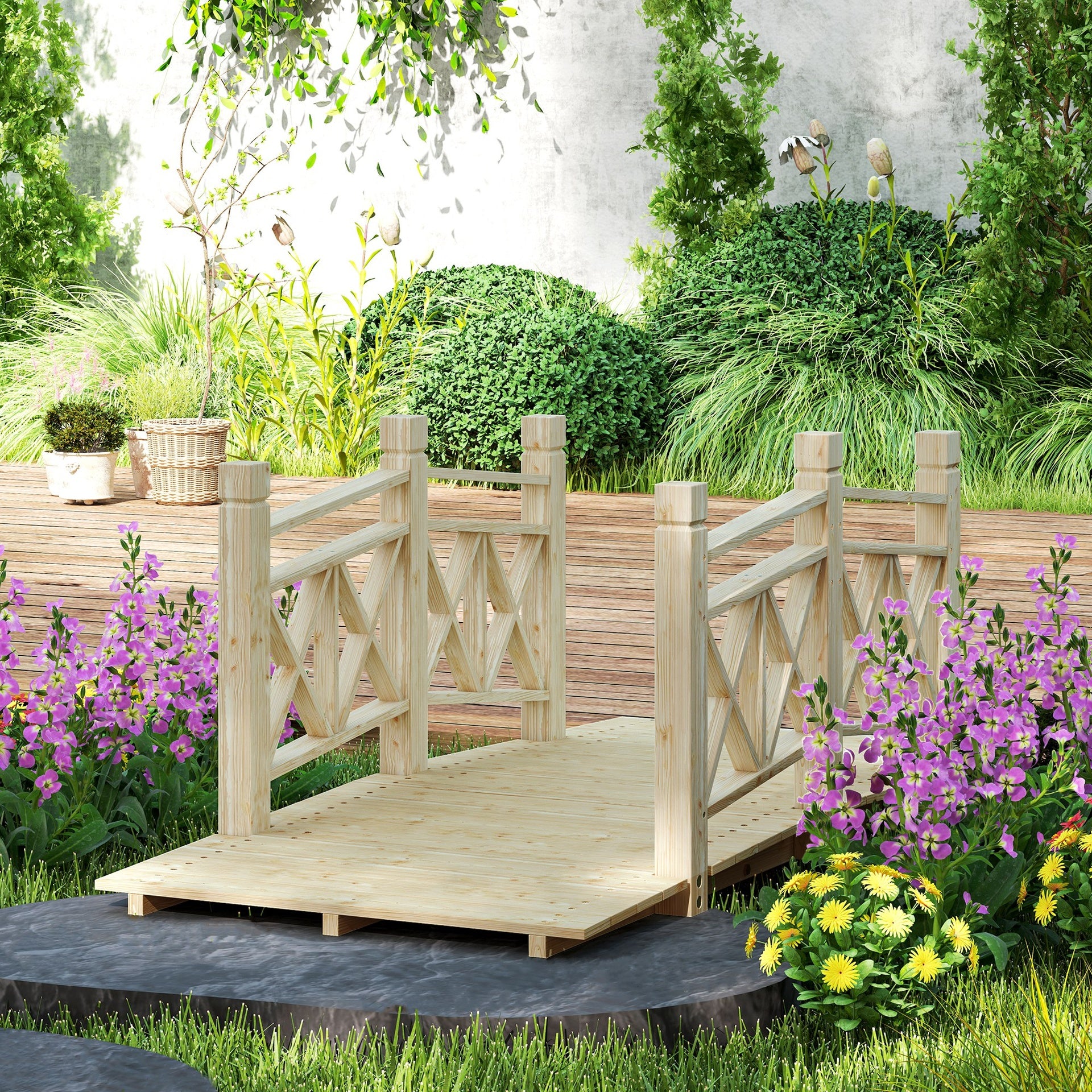 Outsunny 5 ft. Wooden Garden Bridge Footbridge for Backyard Ponds, Creeks, Streams, Nature Wood